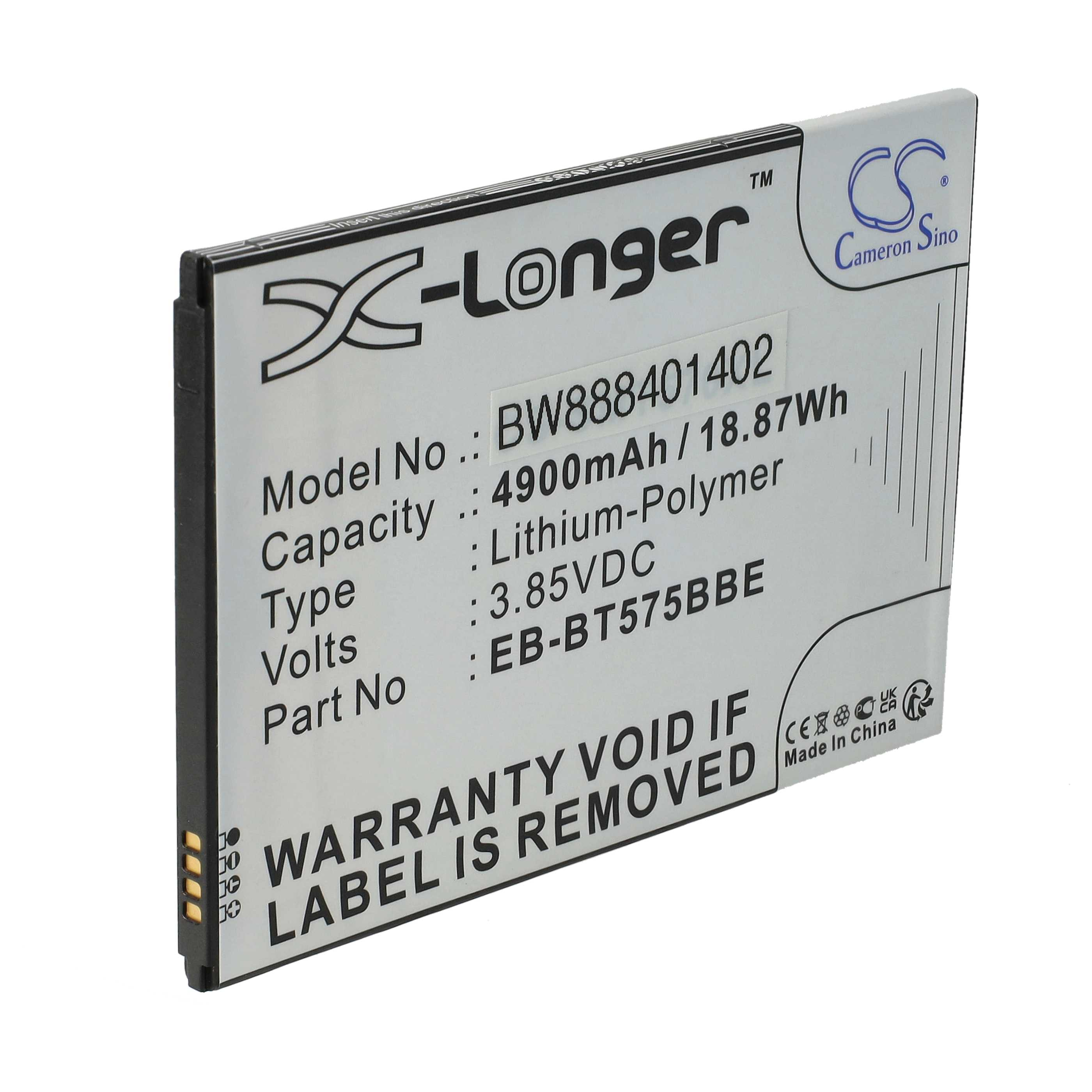 Eine weiße und silberne Batteriezelle. Das Etikett enthält Modell, Kapazität und Warnhinweise.