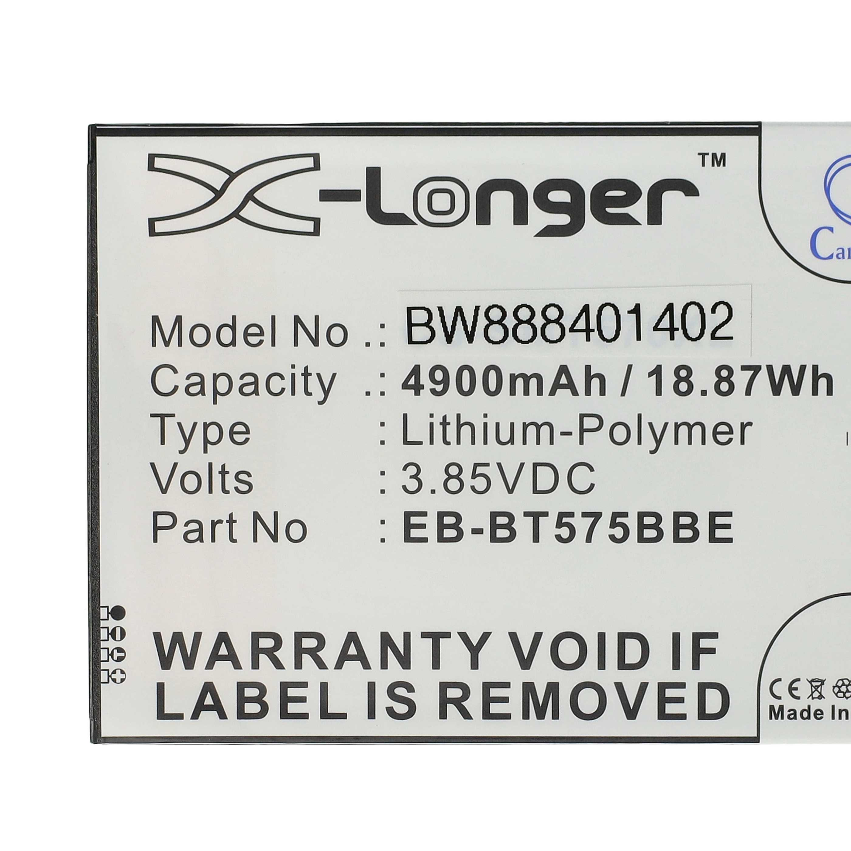 Batterieetikett mit Text: Modell-Nr., Kapazität, Typ, Volt und Teilenummer. Garantie erlischt bei Entfernung.