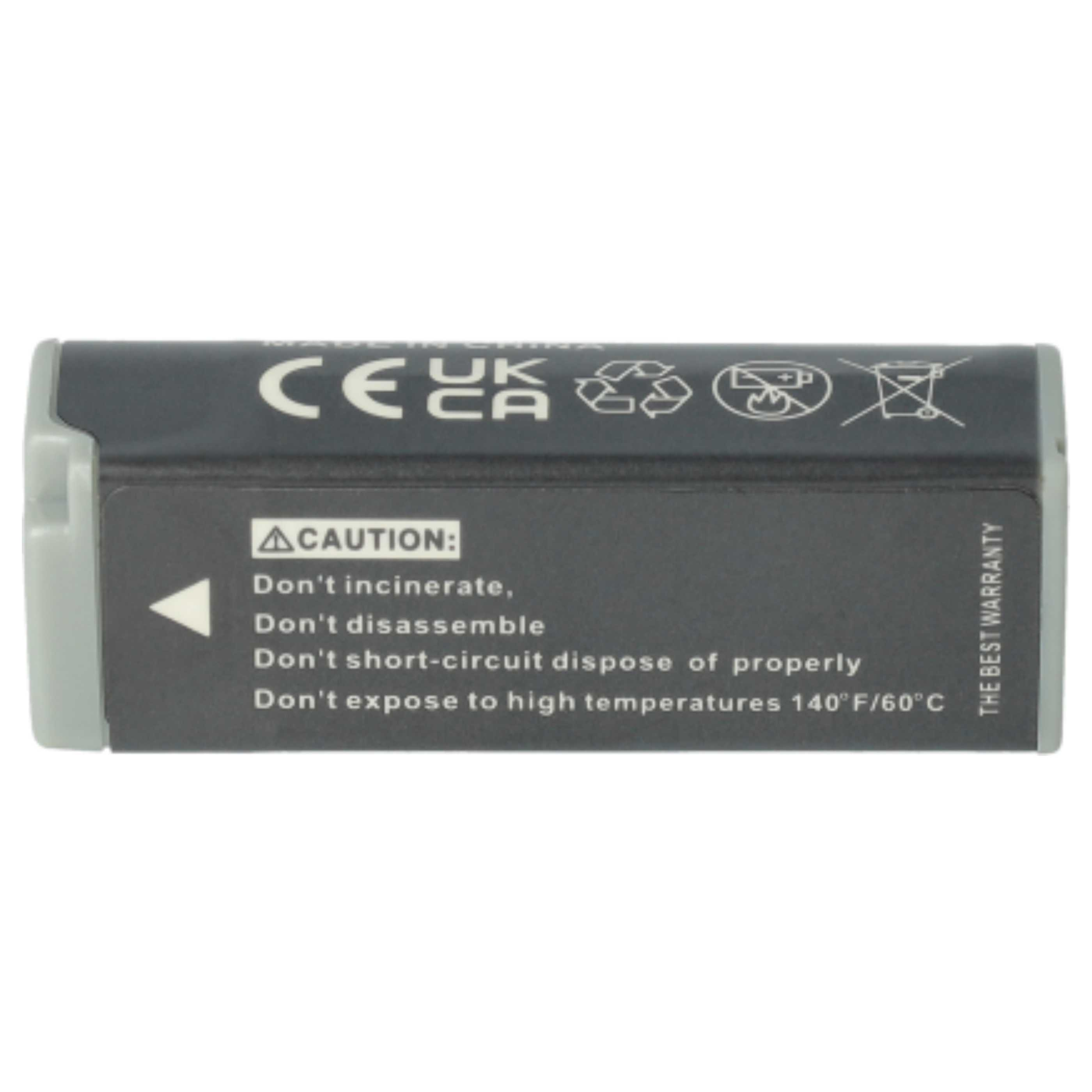 Schwarze Batterie mit Warnhinweisen, weißen und grauen Akzenten, weißer Hintergrund. Enthält CE-, UKCA- und Recyclingsymbole.