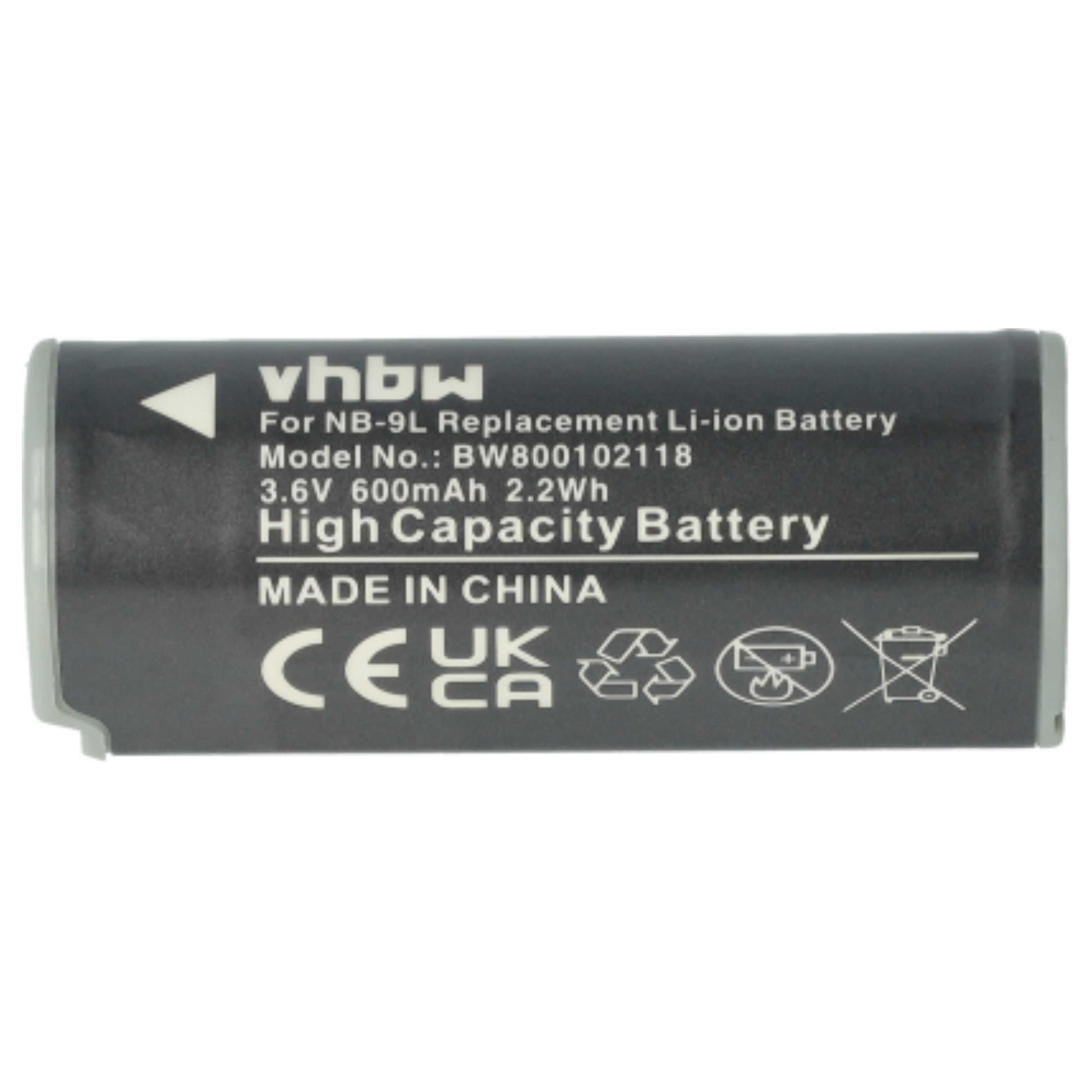 Schwarzer Akku mit weißem Text, hergestellt in China, mit Sicherheits- und Recyclingsymbolen.