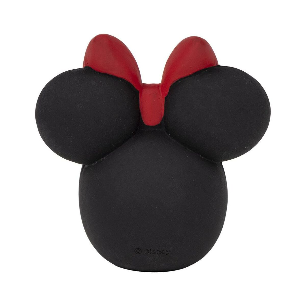 Un oggetto in silicone a forma di Minnie Mouse con orecchie nere e un fiocco rosso.
