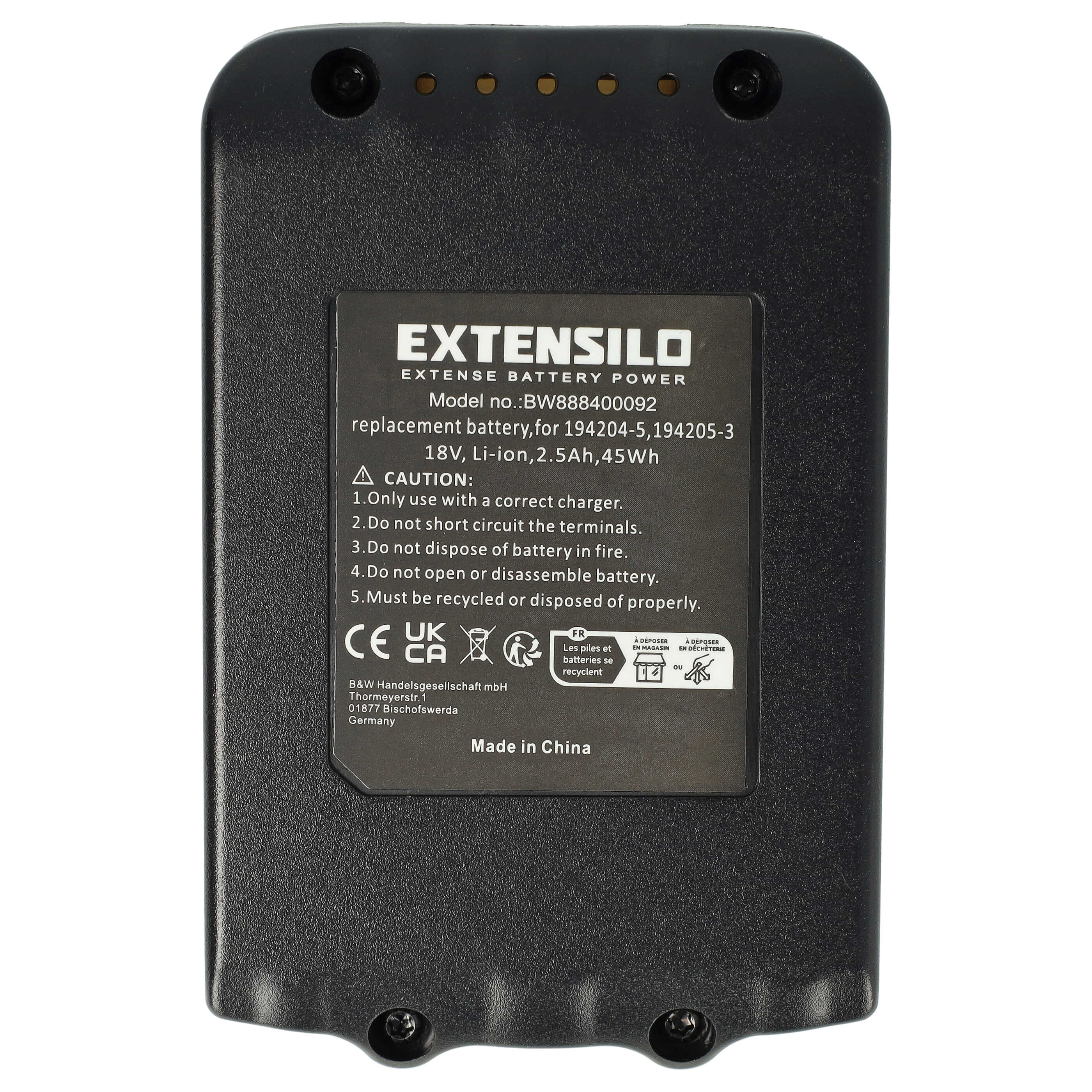 Eine schwarze Batterie mit weißem Etikett und Text, mit einem roten Knopf oben.