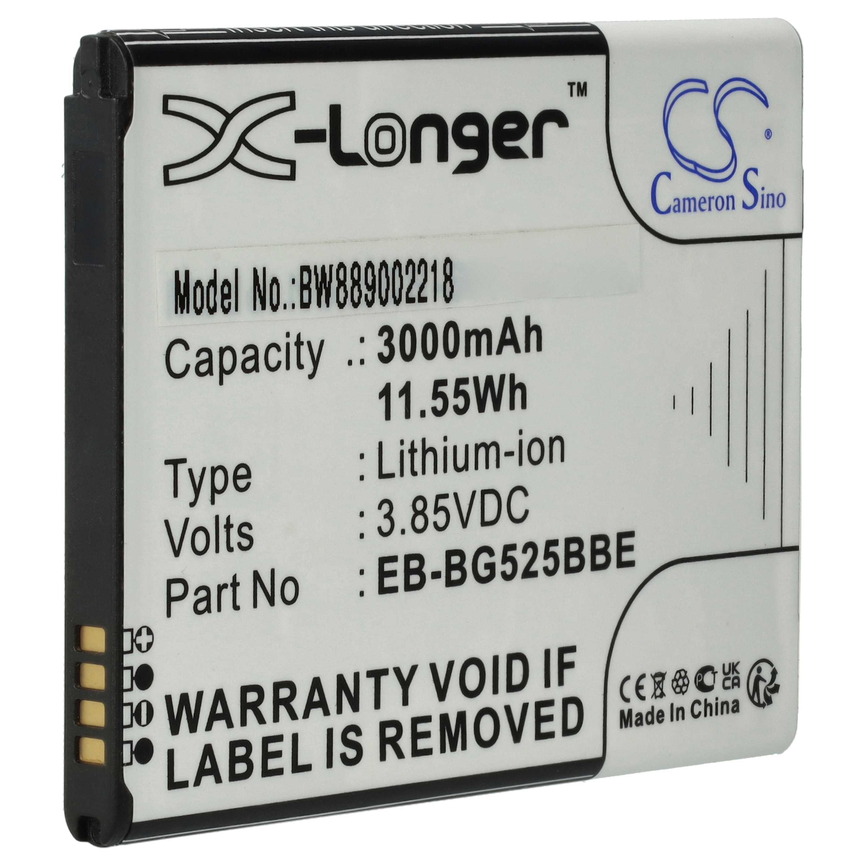 Eine rechteckige Batterie mit weißen Etiketten. Text enthält Spezifikationen, Marke und Warnhinweis.