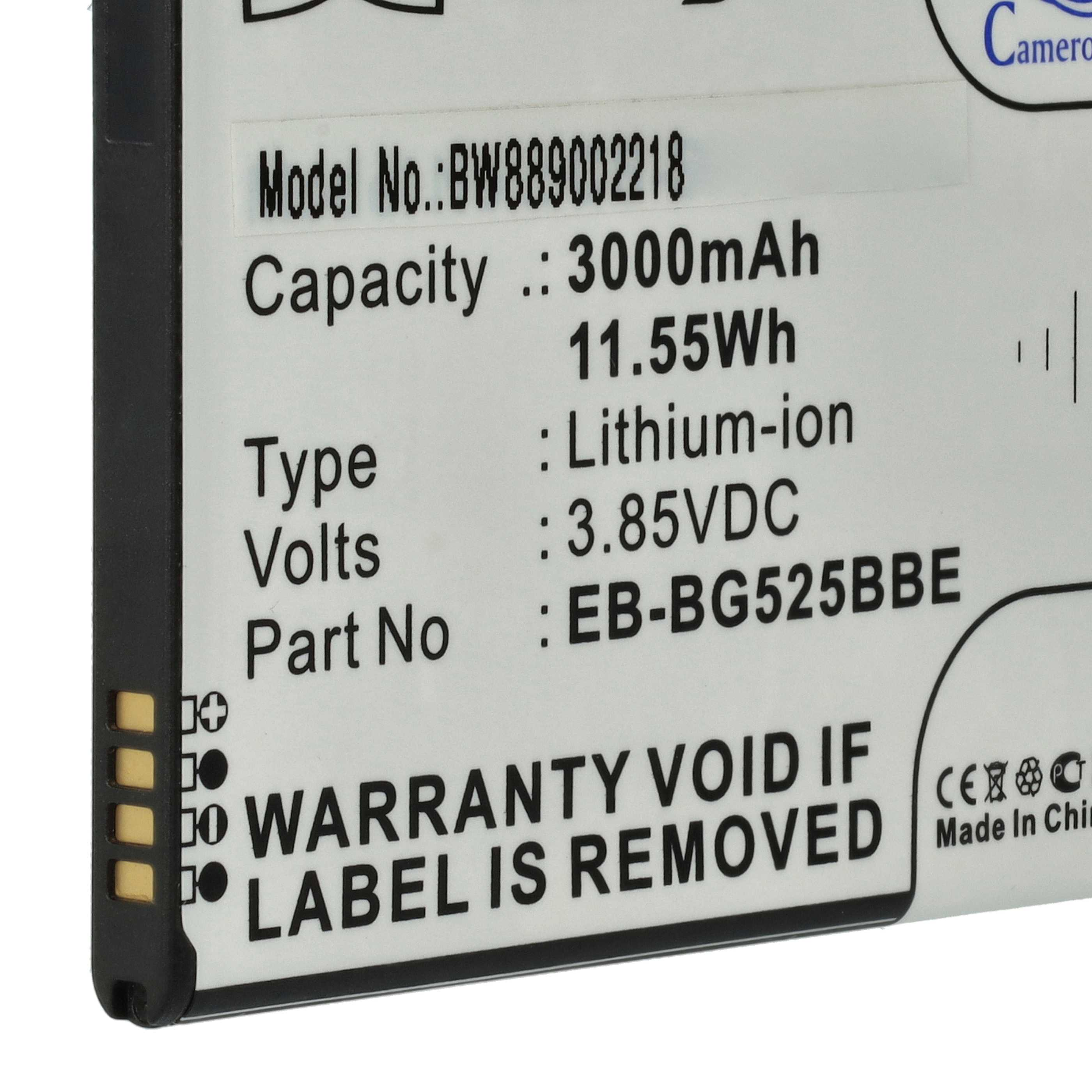 Ein Batterieetikett mit 3000 mAh Kapazität, 11,55 Wh, 3,85 V und der Warnung vor Entfernung.