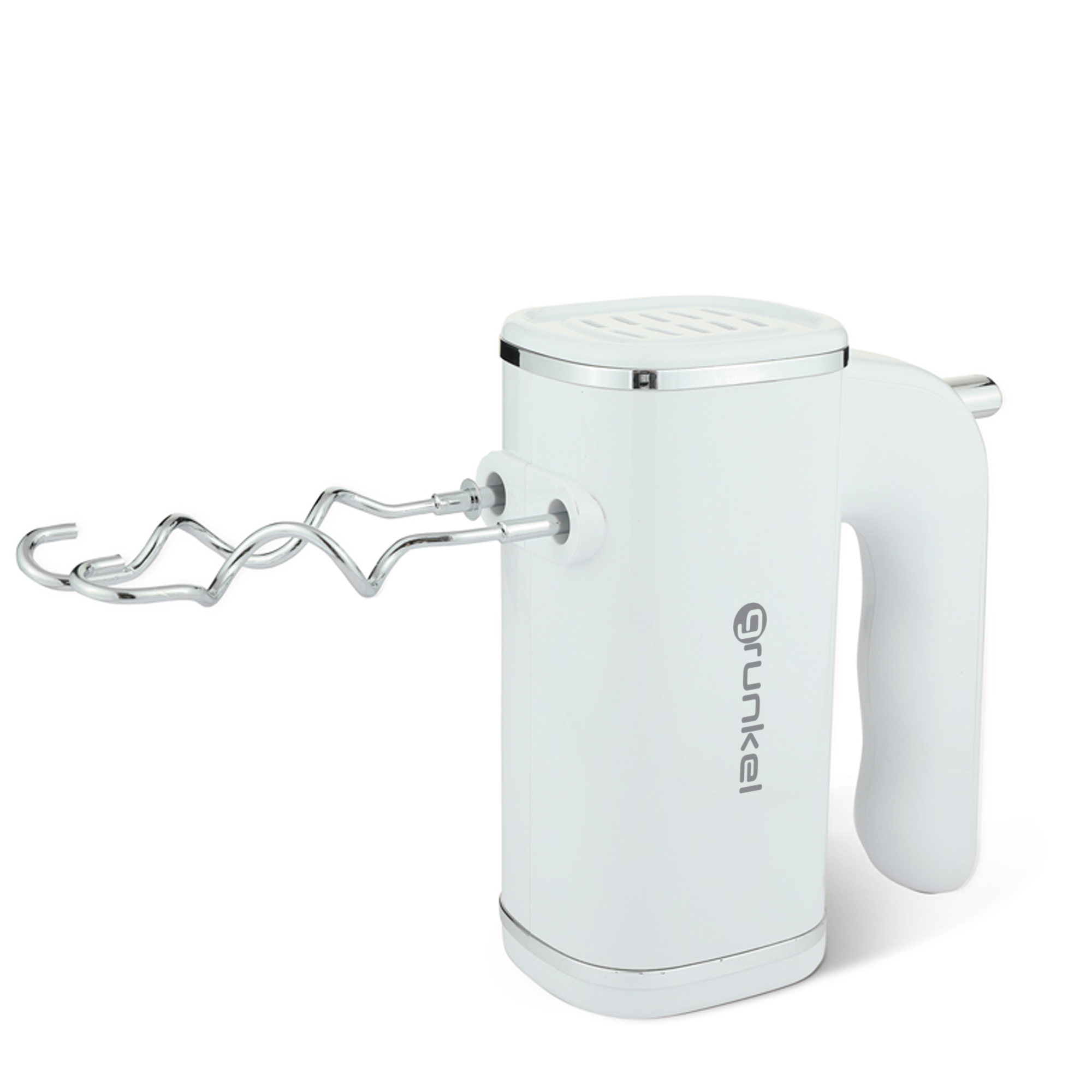 Frullatore a mano bianco con fruste cromate e logo Grunkel, isolato su sfondo bianco.