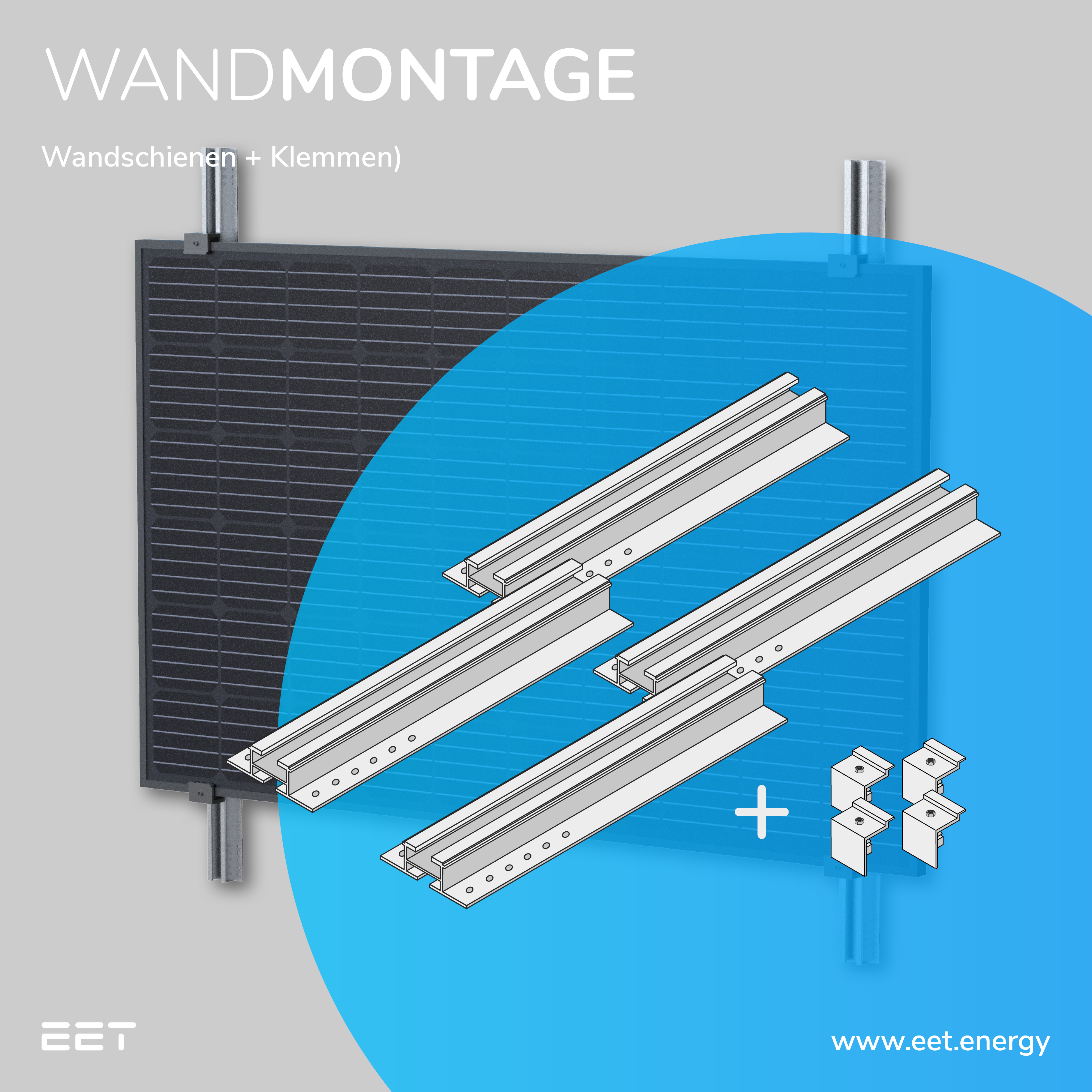 Wandmontagekomponenten: Sonnenkollektor, Schienen und Halterungen, vor blauem Hintergrund.