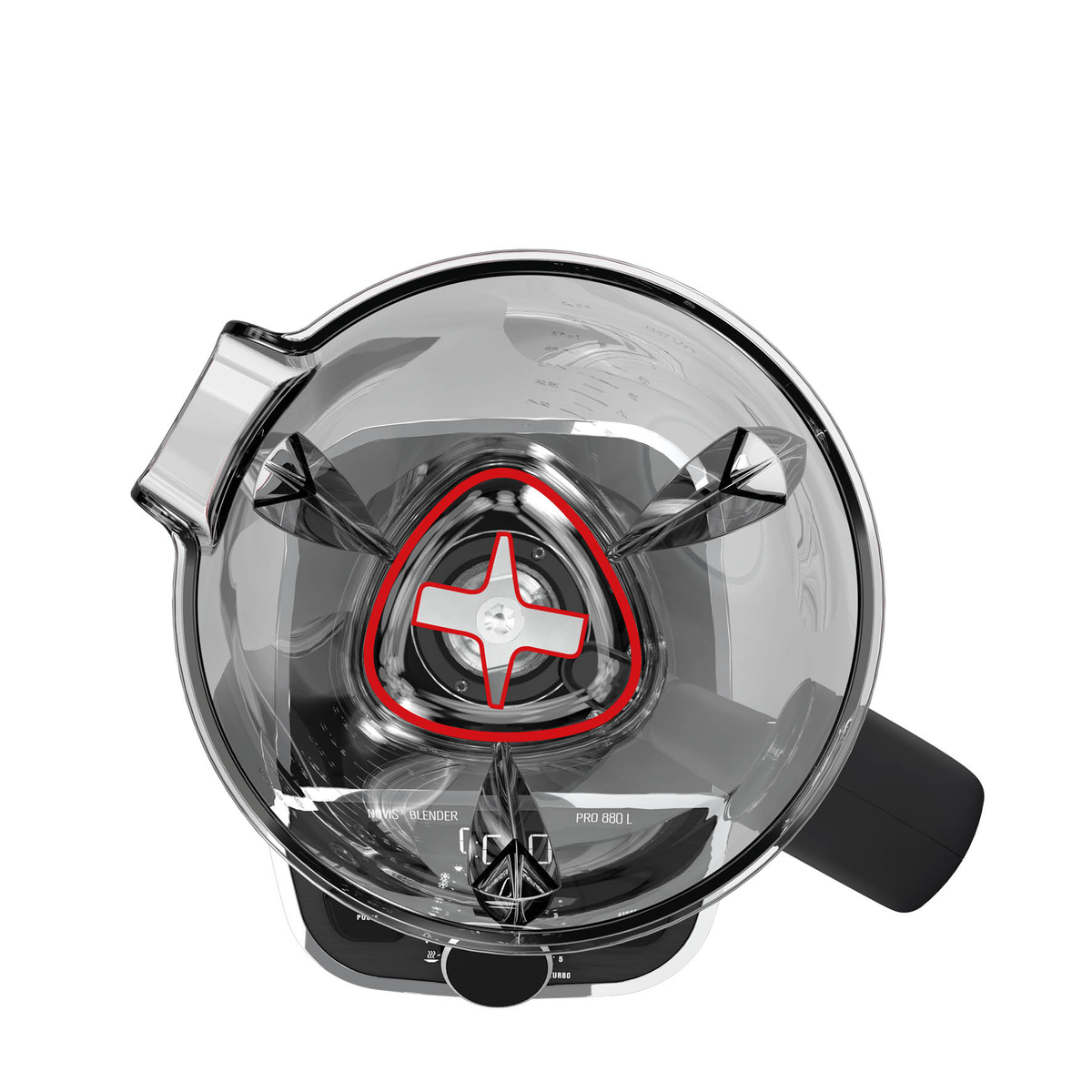 Przezroczysty dzbanek blendera z czerwonym krzyżem w środku. Blender jest biały.
