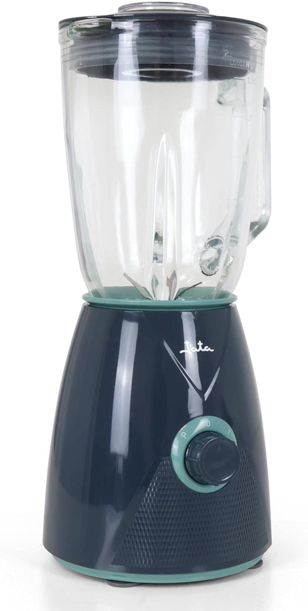 Licuadora con un vaso de vidrio y una base azul oscuro.