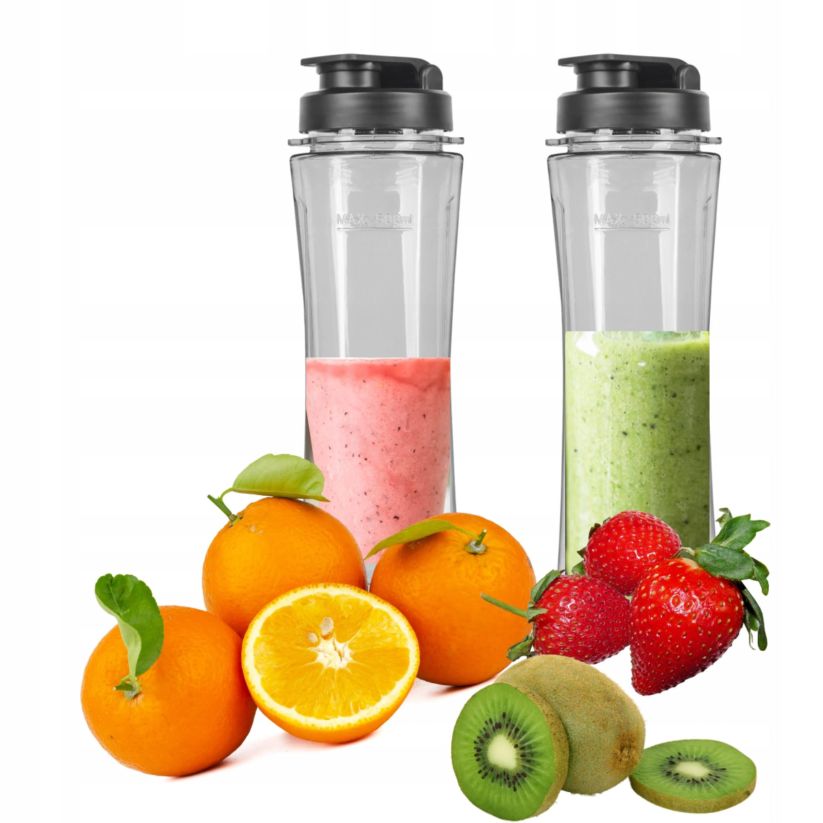 Batidoras de batidos con frutas y batidos. Naranjas, fresas, kiwi.