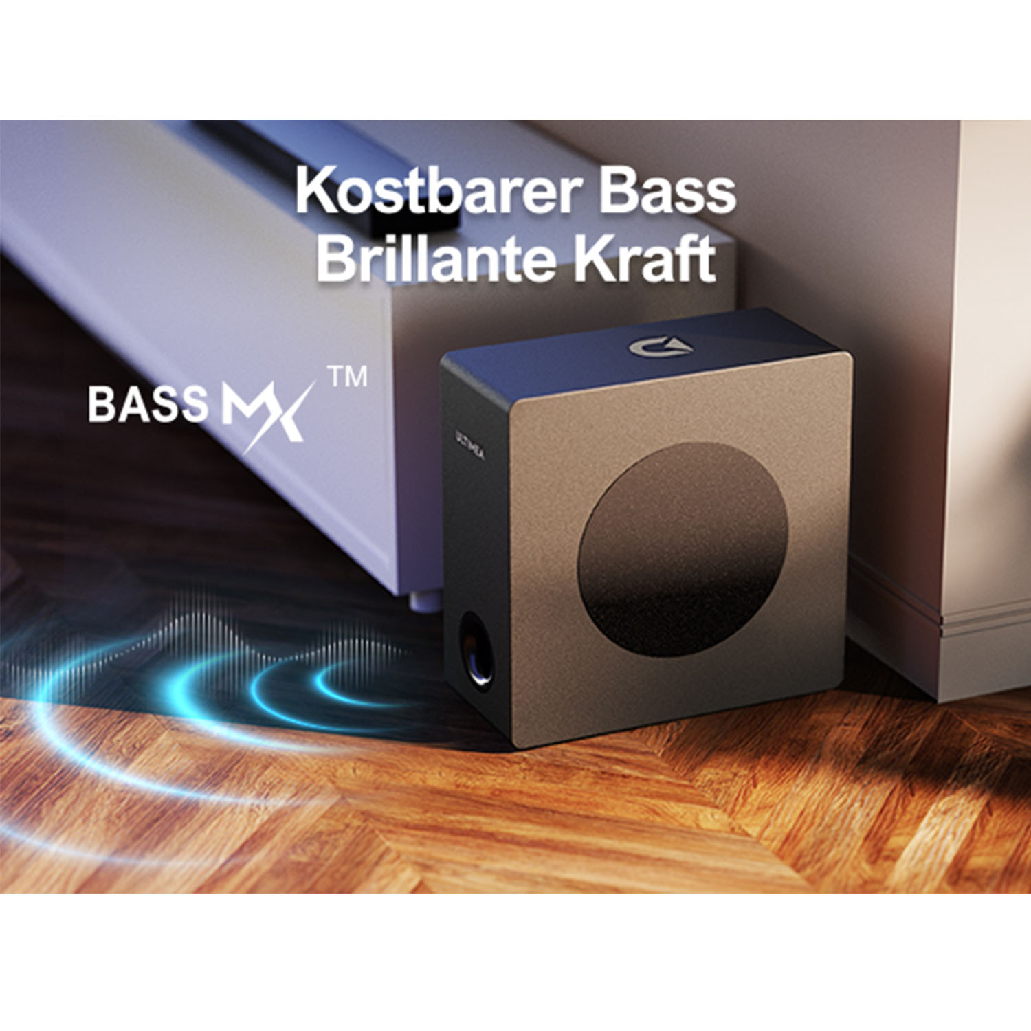 Schwarzer und grauer Subwoofer-Lautsprecher mit dunklem Kreis.