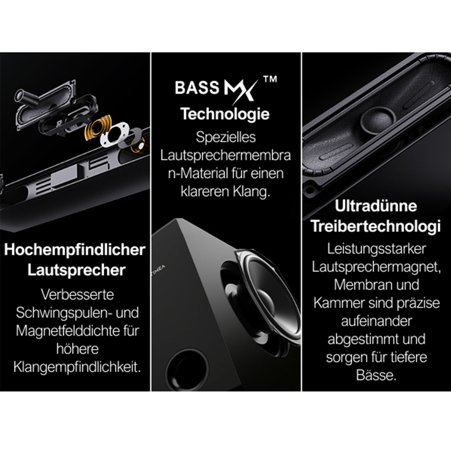Drei Produktbilder, die Audiolautsprechertechnologie zeigen. Eins zeigt Komponenten, ein anderes den Lautsprecher.