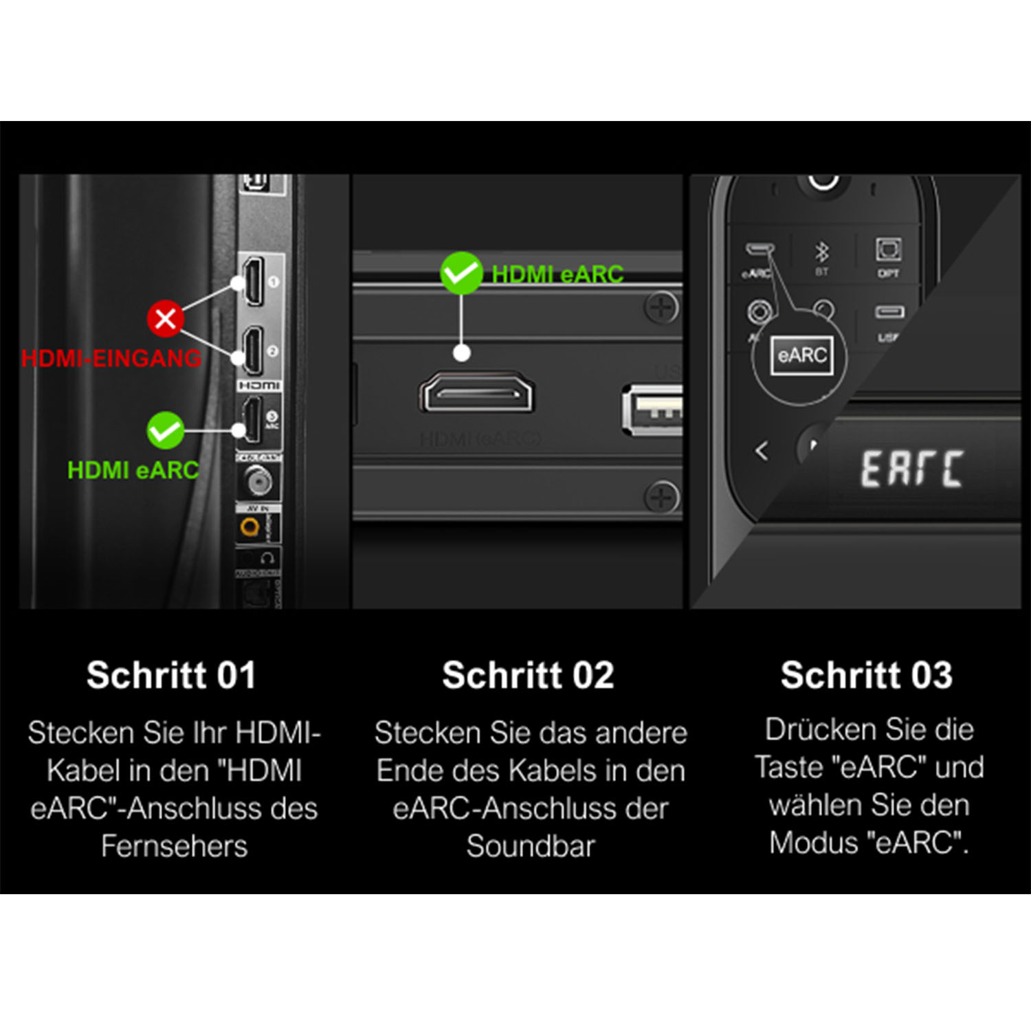 Ein Diagramm zur Einrichtung von eARC auf einem Fernseher und einer Soundbar, mit Schritt-für-Schritt-Anleitungen.