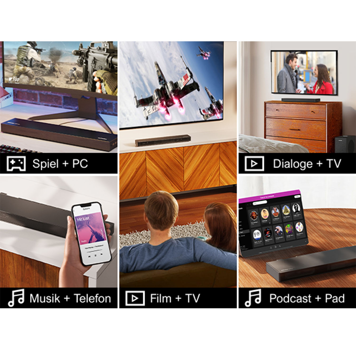 Eine Collage, die verschiedene Möglichkeiten zur Verwendung einer Soundbar mit verschiedenen Geräten wie Fernseher und Telefon zeigt.