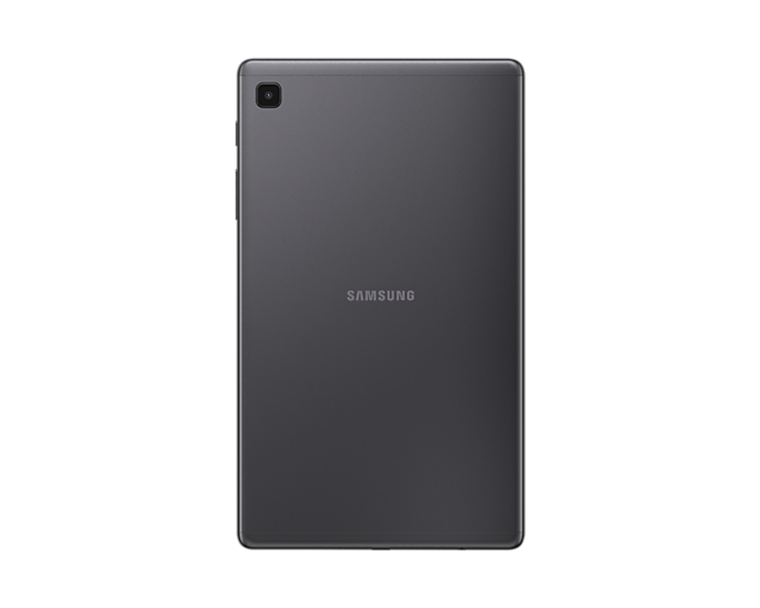 Tablet grigio scuro, vista posteriore. Logo Samsung al centro.
