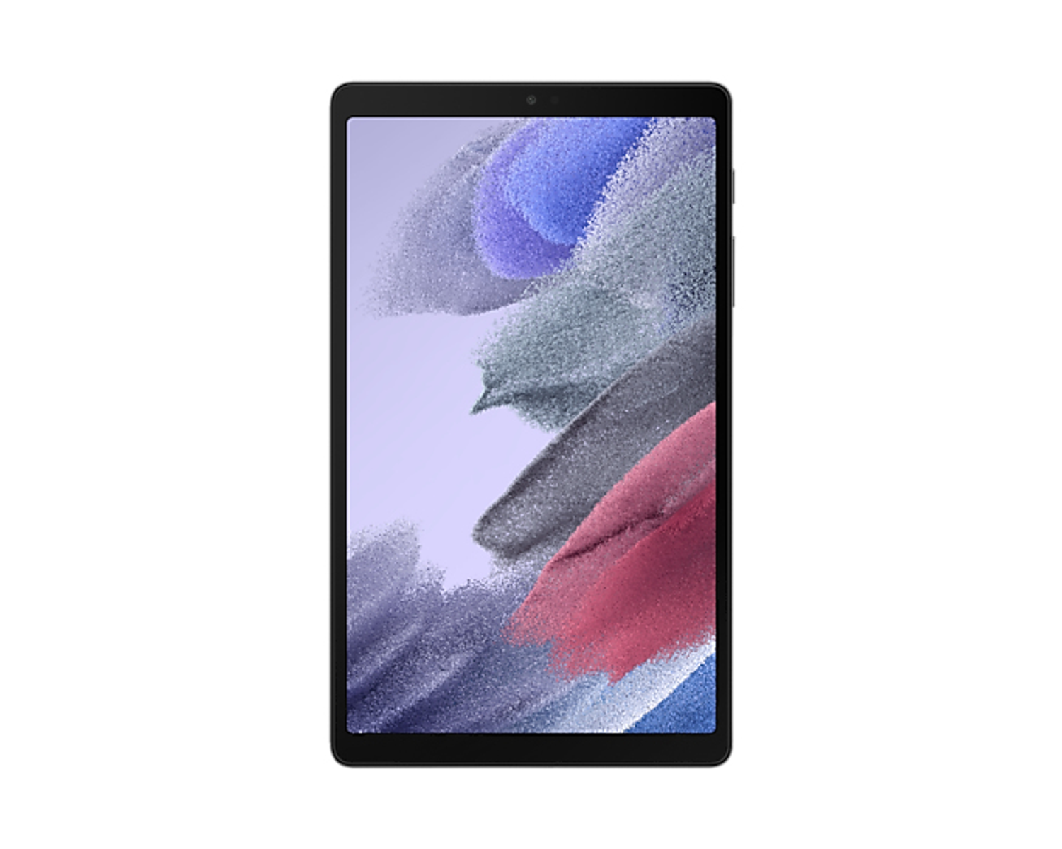 Un tablet nero con fotocamera frontale, su sfondo bianco, con schermo colorato.
