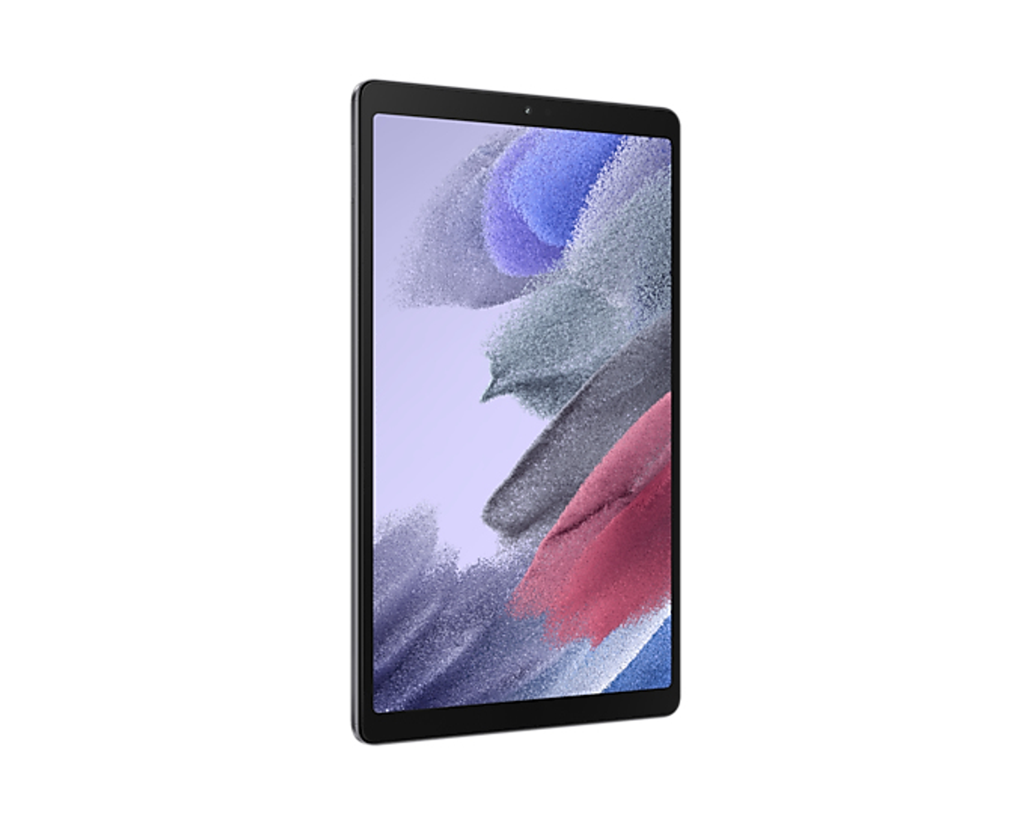 Un tablet nero che mostra un'immagine astratta e colorata. Il tablet è tenuto in posizione verticale, leggermente angolato.