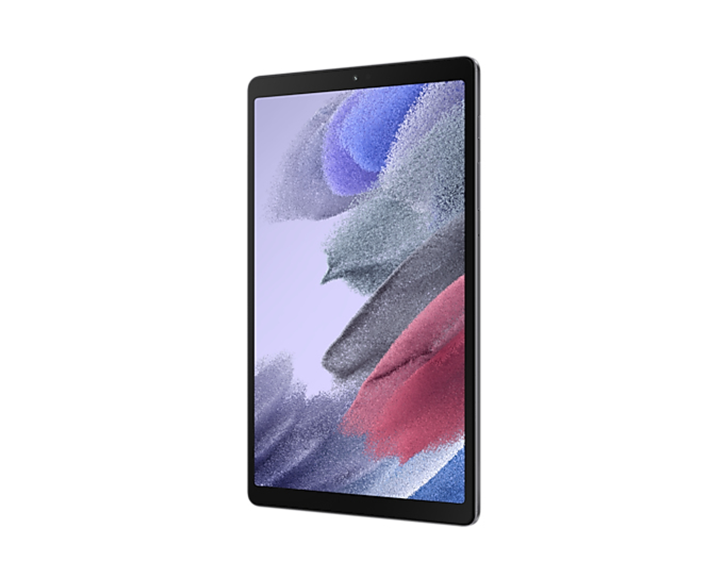 Tablet con cornice nera e display colorato, leggermente angolato, sfondo bianco.