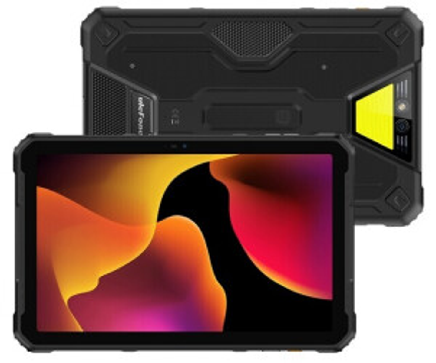 Czarny tablet z kolorowym, abstrakcyjnym tłem. Tył pokazuje wytrzymałą konstrukcję.