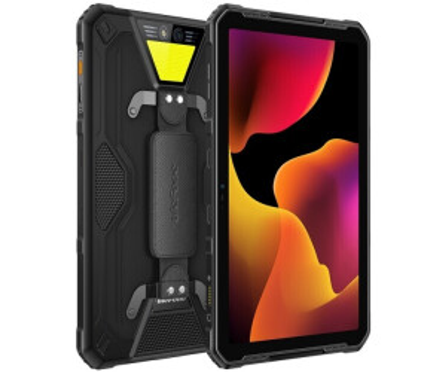 Wytrzymały tablet z ochronnym etui, pokazujący przód i tył.