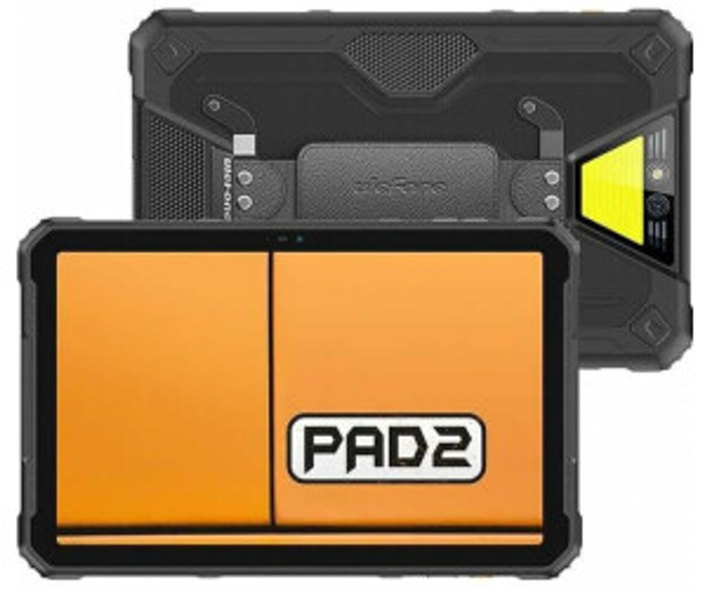 Wytrzymały tablet, czarno-pomarańczowy, pokazujący przód i tył z logo PAD2.