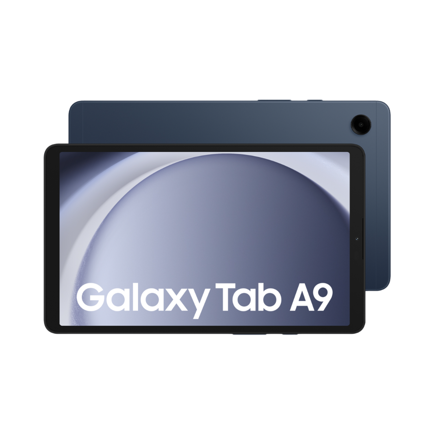 Niebieski tablet z ekranem wyświetlającym 'Galaxy Tab A9', z innym tabletem z tyłu.