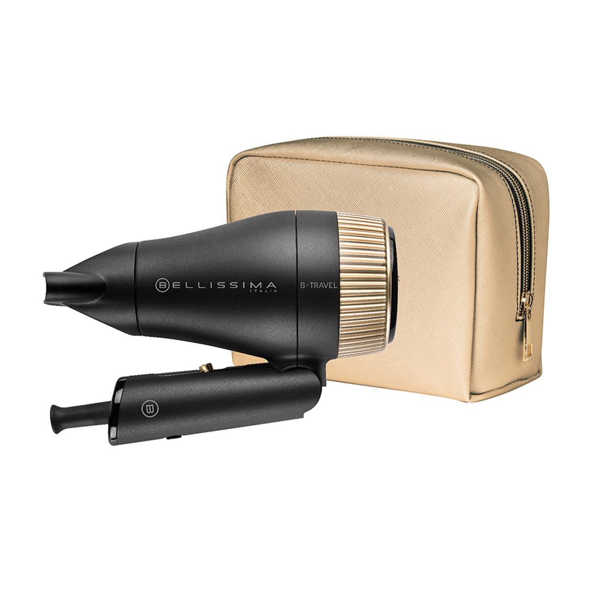 Czarna suszarka do włosów ze złotymi akcentami i pasującym złotym etui. Białe tło.