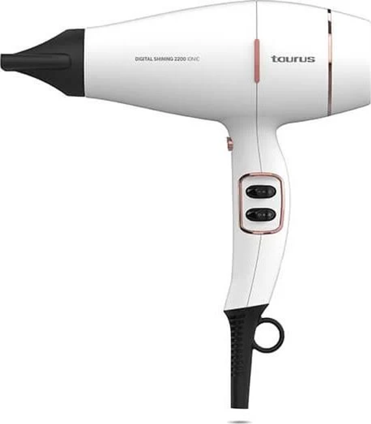 Biała suszarka do włosów z czarną dyszą i uchwytem, akcenty w kolorze różowego złota. Widoczna marka Taurus.