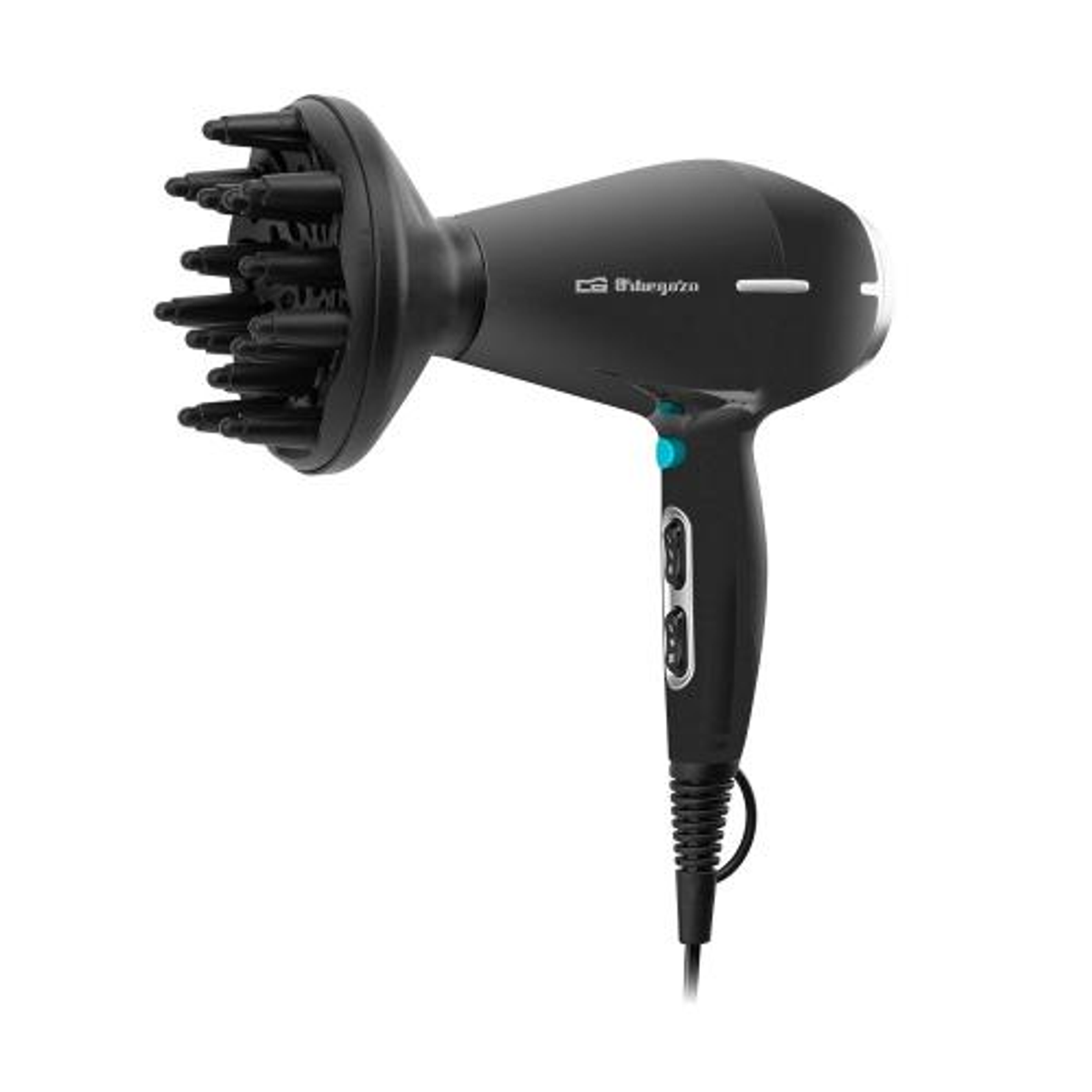 Czarna suszarka do włosów z nasadką dyfuzyjną na gładkim, białym tle.