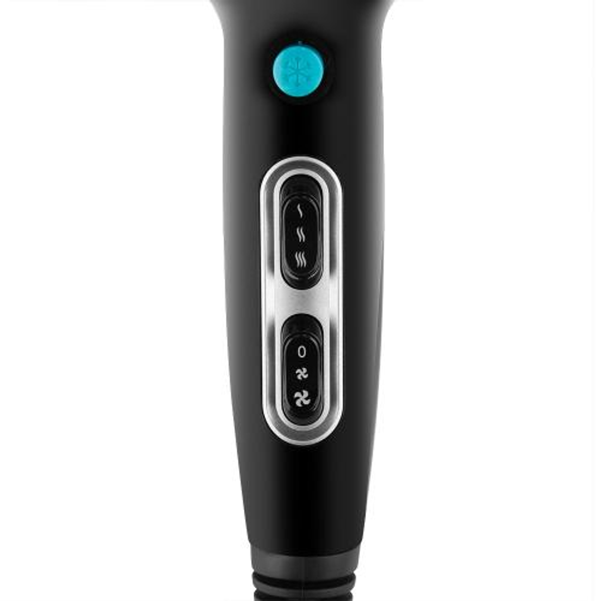 Panel sterowania suszarki do włosów. Czarny, z przyciskami do ustawień ciepła i prędkości wentylatora. Turkusowy przycisk zasilania.