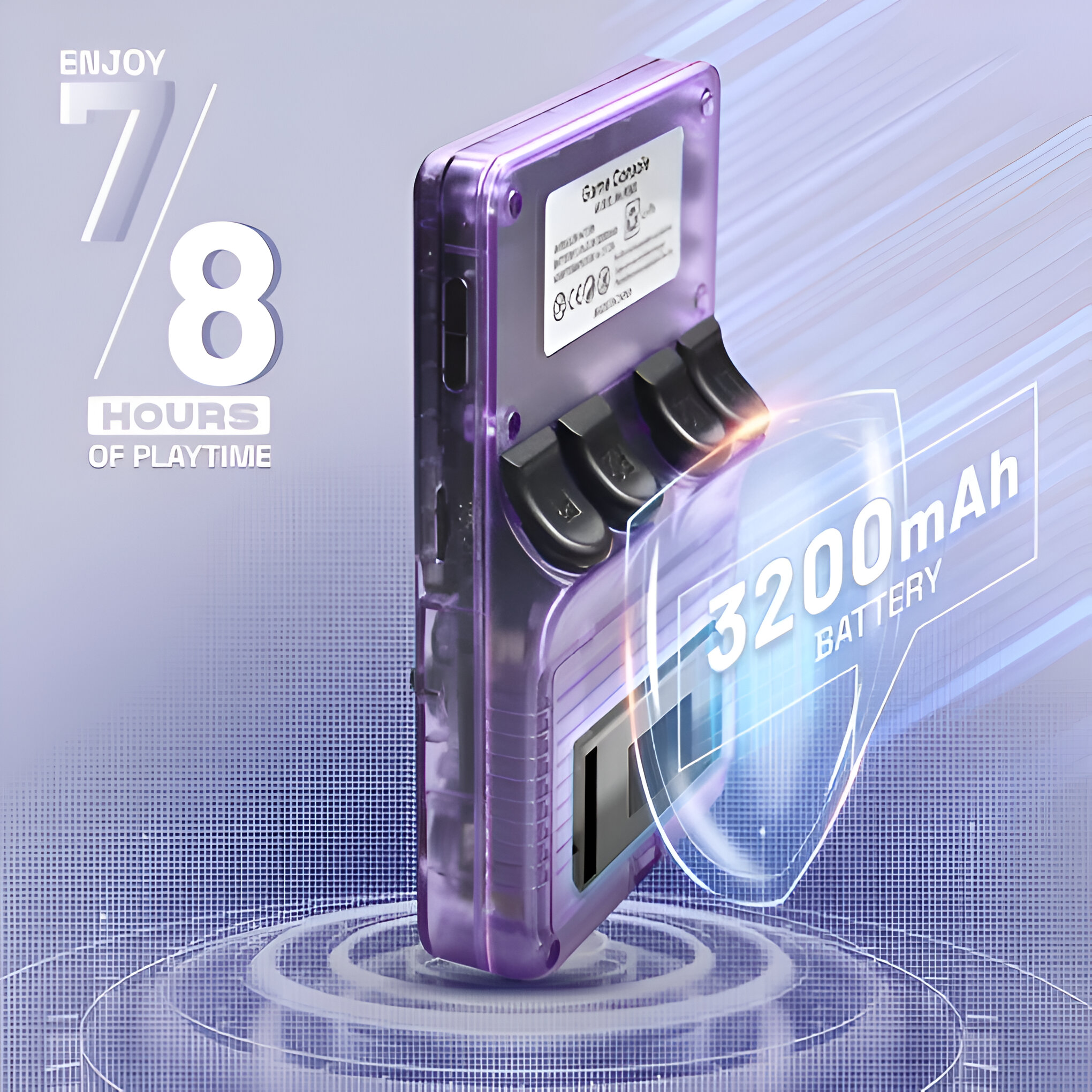 Consola de juegos portátil púrpura con batería de 3200mAh y superposición de texto.