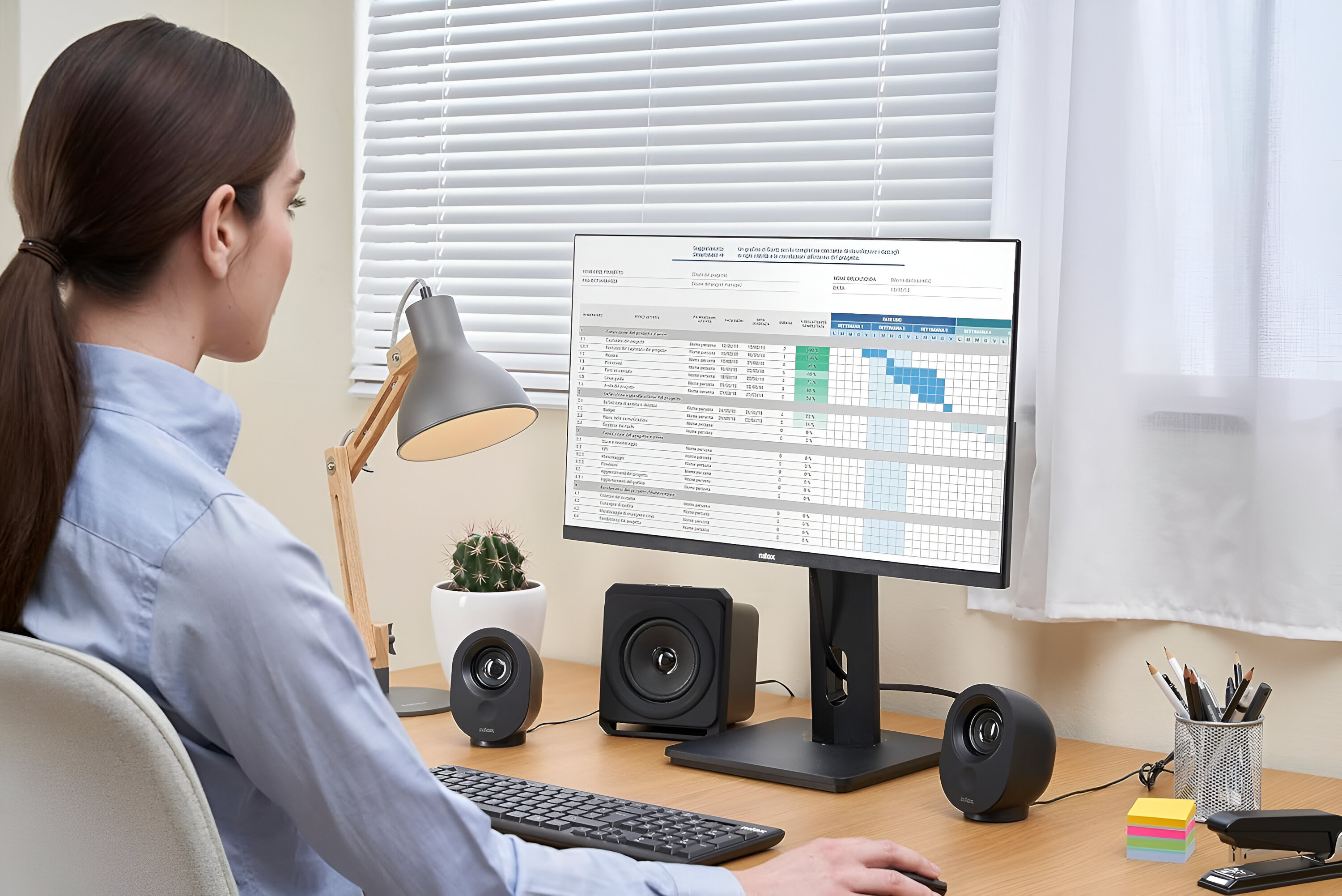 Una donna seduta a una scrivania guarda uno schermo di computer. Ci sono altoparlanti, una lampada e forniture per ufficio.