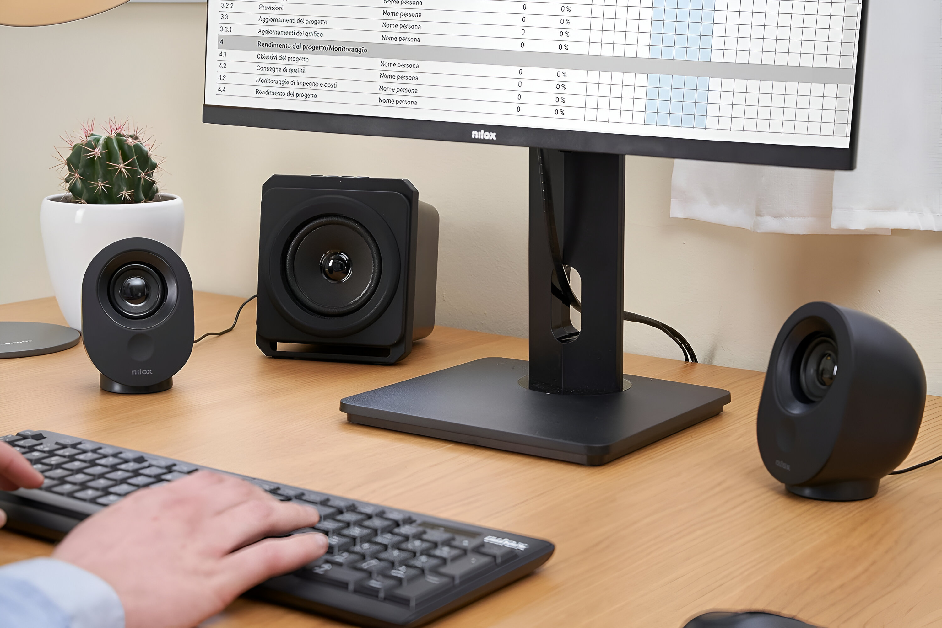 Un'impostazione da scrivania con altoparlanti per computer, una tastiera, un monitor e un cactus.