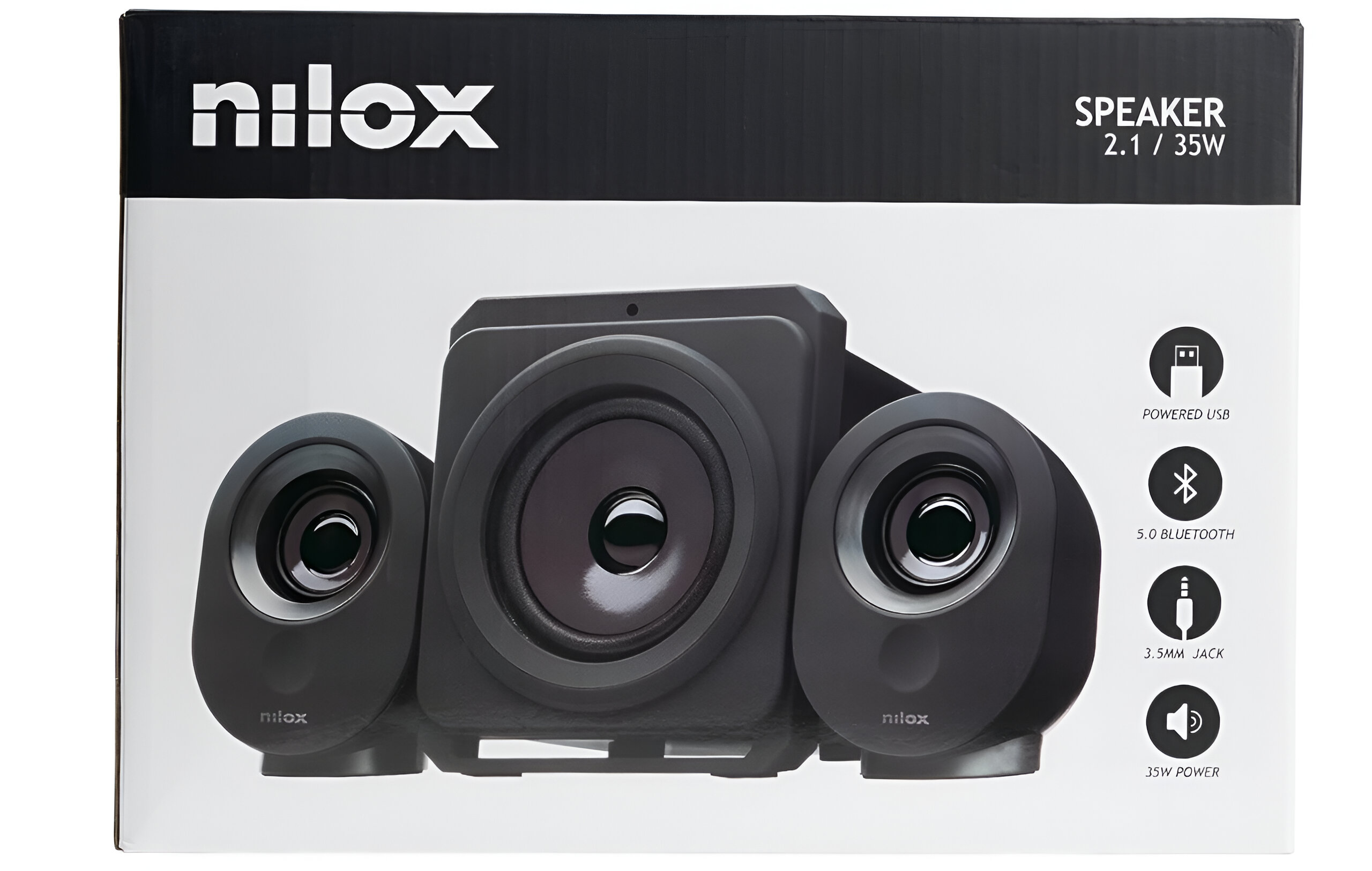 Sistema di altoparlanti nero con due altoparlanti satellitari e un subwoofer, in una scatola.