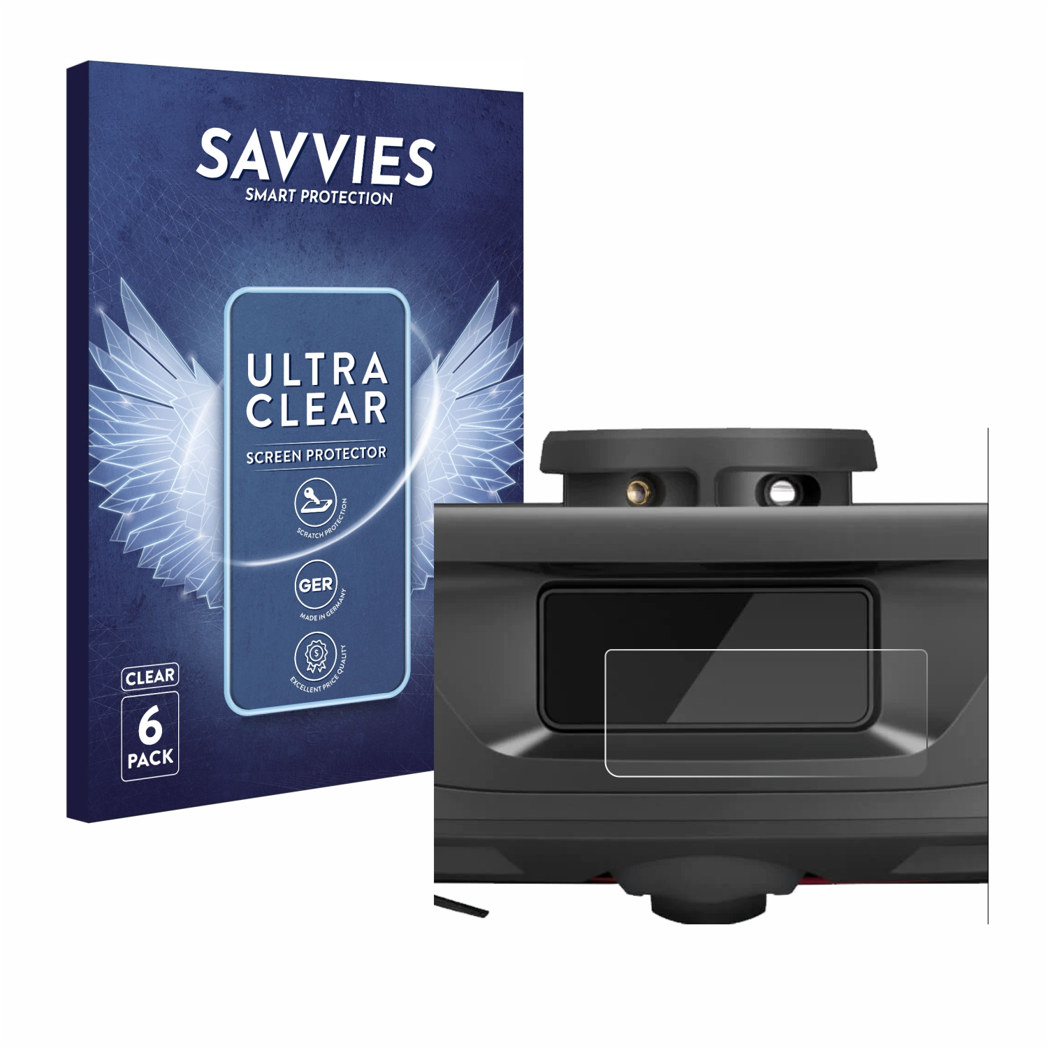 Eine blaue Box und Displayschutz für ein Gerät. Das Gerät ist schwarz mit einem klaren Schutz.