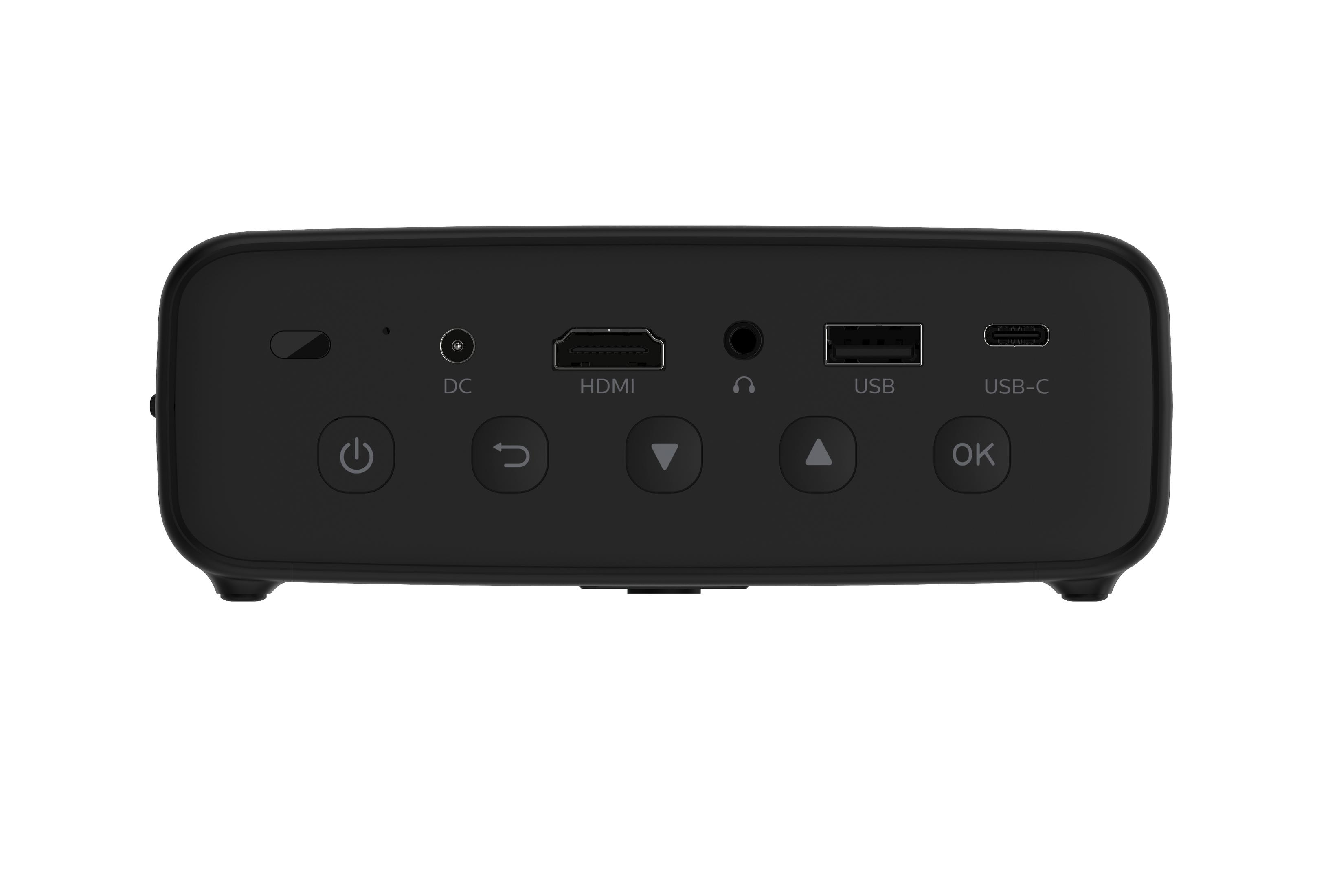 Dispositivo lettore multimediale nero con diverse porte. Connessioni di alimentazione, HDMI, USB e USB-C visibili. Isolato.
