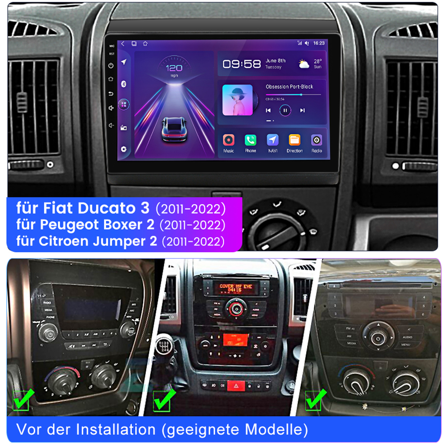 Autoradio mit Bildschirm. Bilder von verschiedenen Armaturenbrettern mit Text für Fiat, Peugeot und Citroen.