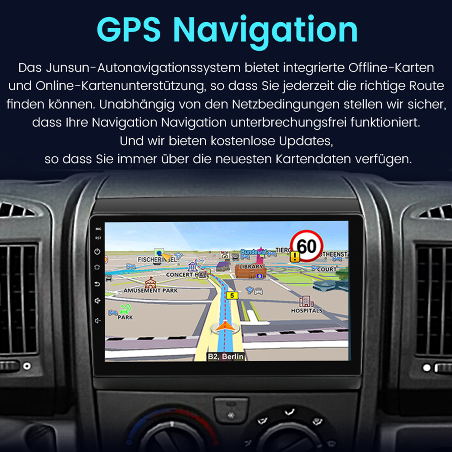 GPS-Navigationssystem auf dem Armaturenbrett eines Autos, das eine Karte mit Wegbeschreibungen anzeigt.