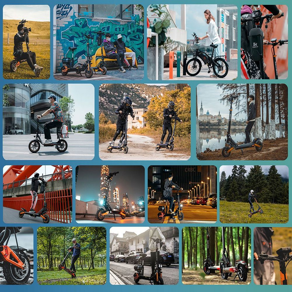 Collage von Menschen auf Elektrorollern in verschiedenen urbanen und natürlichen Umgebungen.