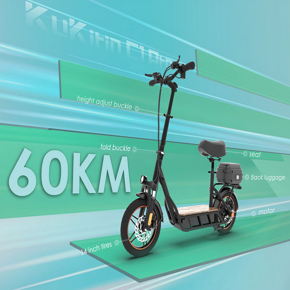 Ein Elektroroller mit schwarzem Rahmen, Sitz und Gepäckträger. Der Text 60KM ist sichtbar.