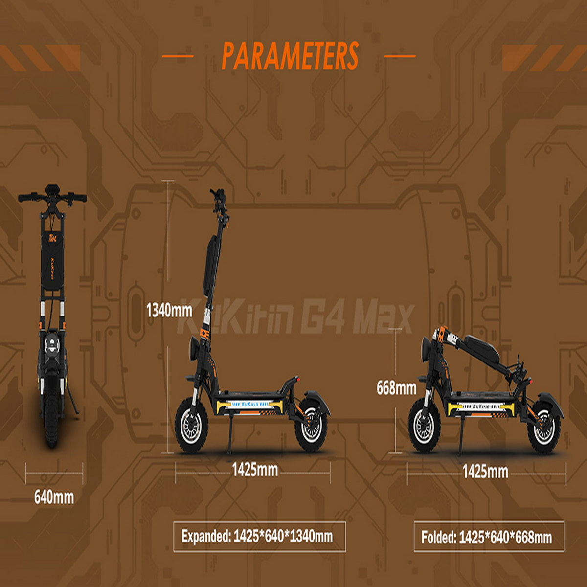 Diagramm eines Rollers mit Maßen und Text, der den Roller in ausgeklappter und zusammengeklappter Form zeigt.