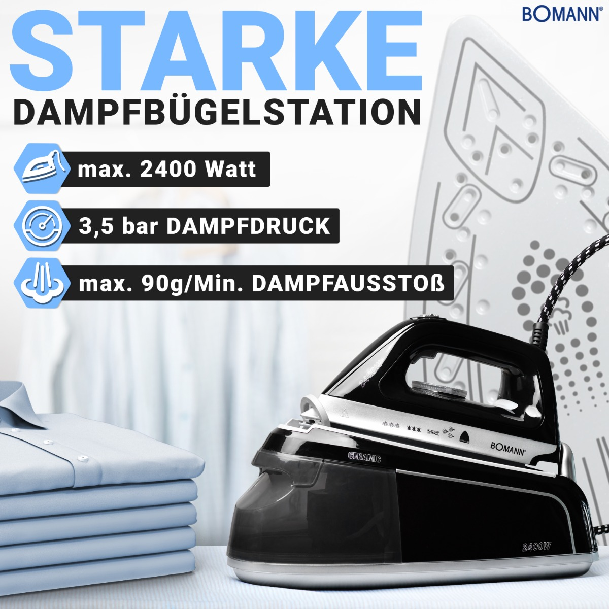 Bügelstation mit Text: 'Starke Dampfbügelstation'. Es zeigt Dampf, Wattzahl, Bar und Dampfausstoß.