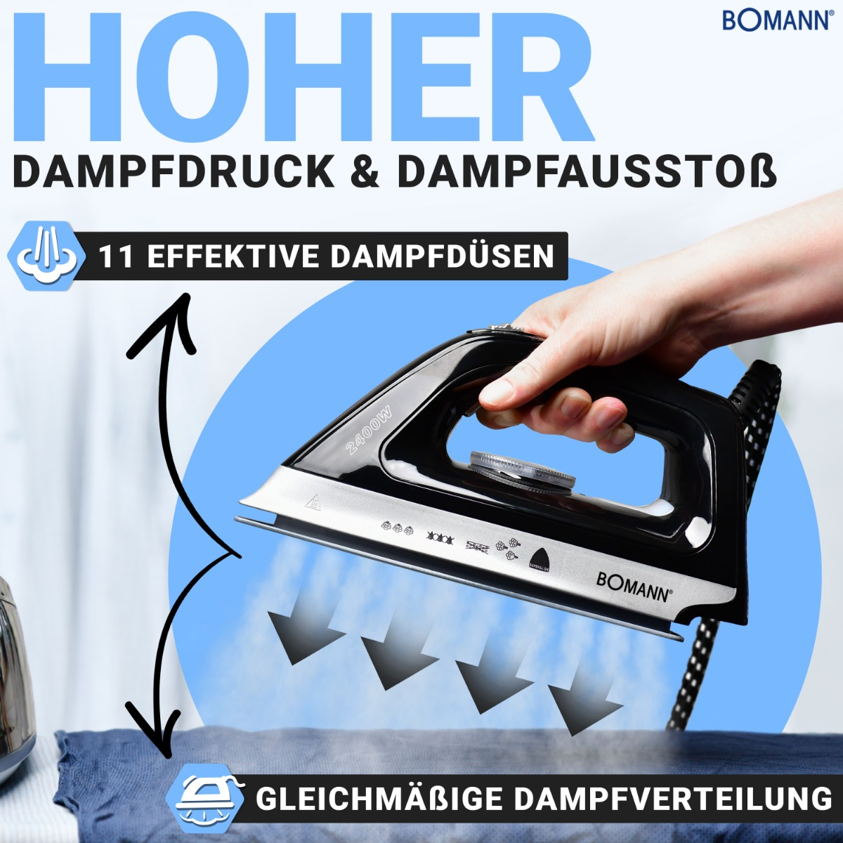 Schwarzes Bügeleisen, das Kleidung bedampft. Text hebt hohen Dampfdruck und gleichmäßige Verteilung hervor.