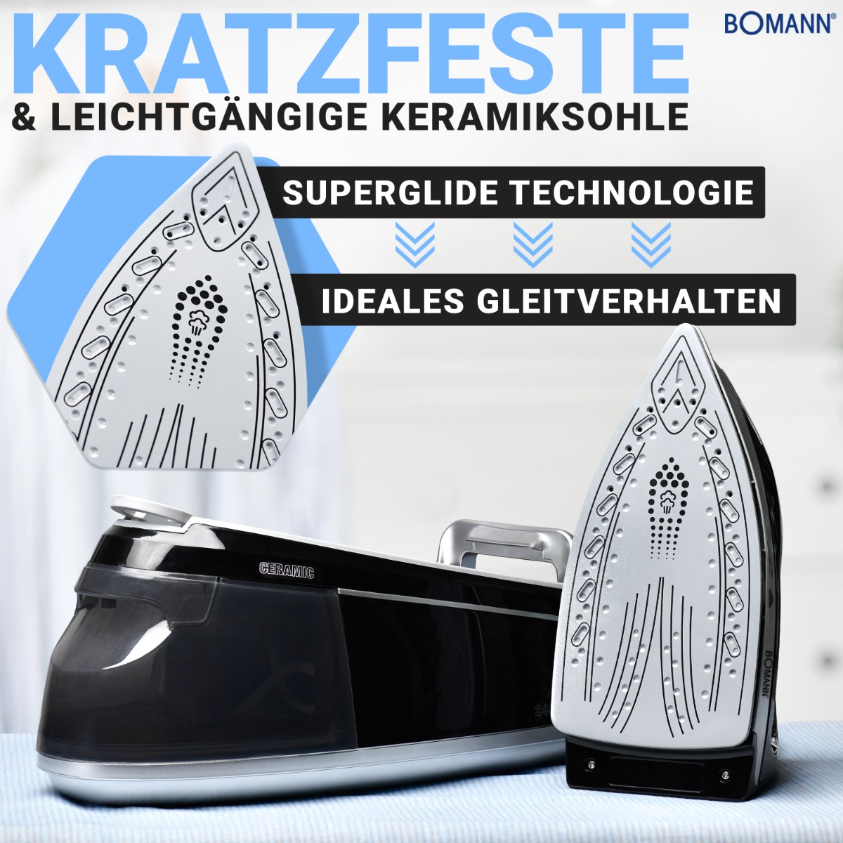 Bügeleisen mit Keramiksohle, Text über Funktionen und Wassertank.