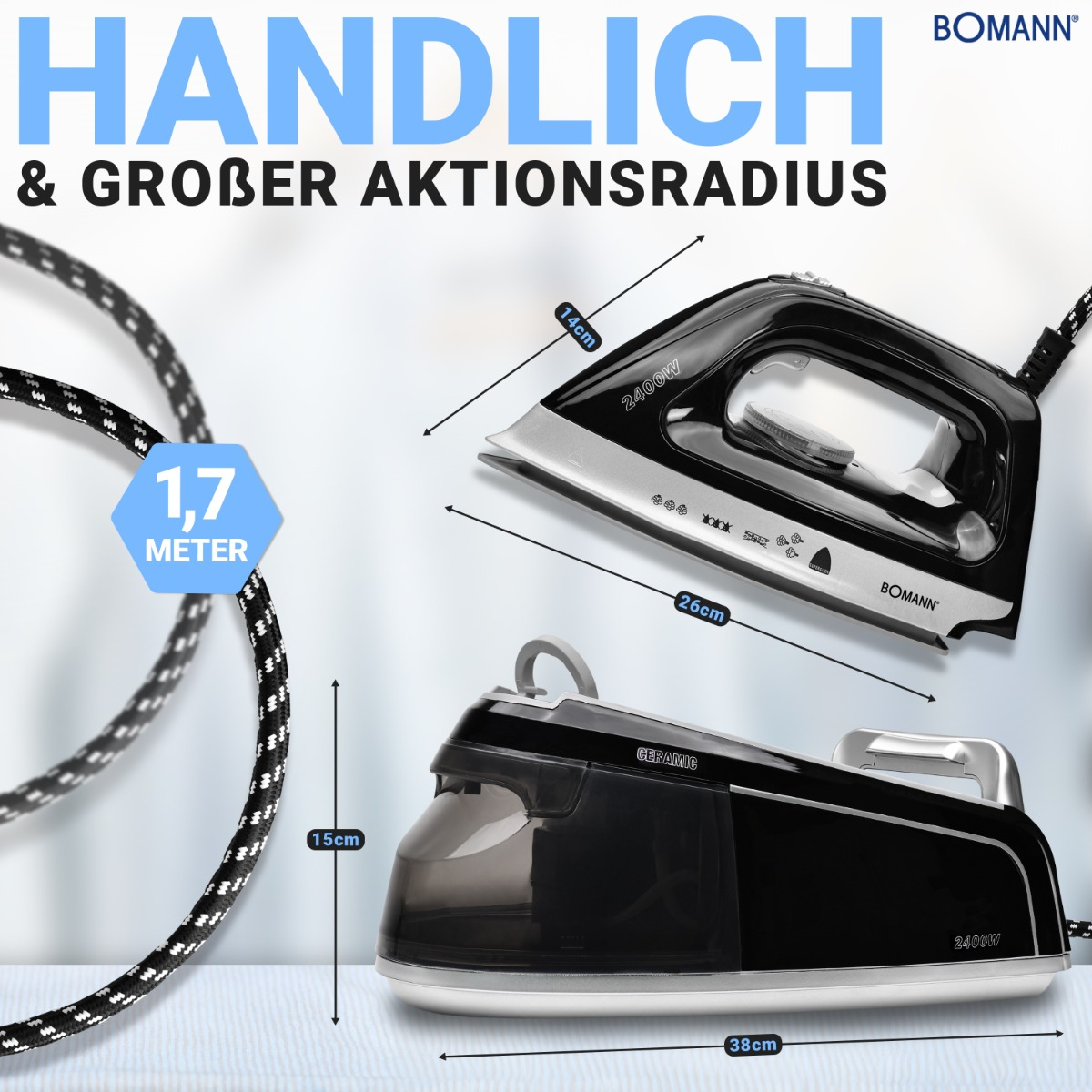 Schwarzes und silbernes Bügeleisen mit Maßangaben und einem schwarz-weißen Kabel.