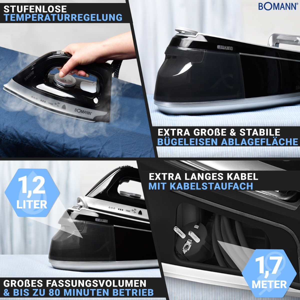Mehrere Bilder zeigen ein schwarzes Bügeleisen und seine Funktionen, mit deutschem Text.