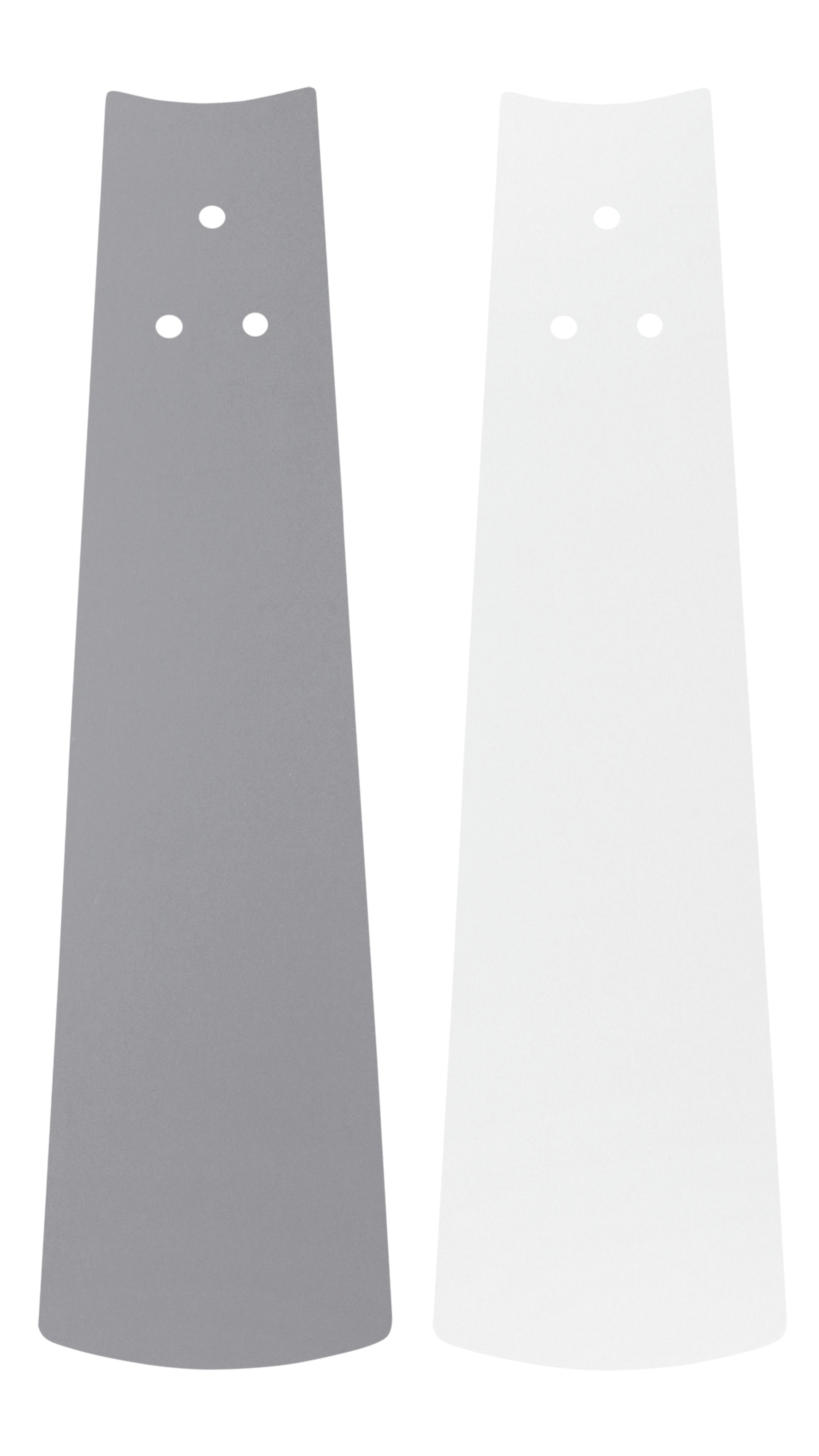 Zwei Deckenventilatorblätter, eines grau und eines weiß, mit jeweils drei Löchern.