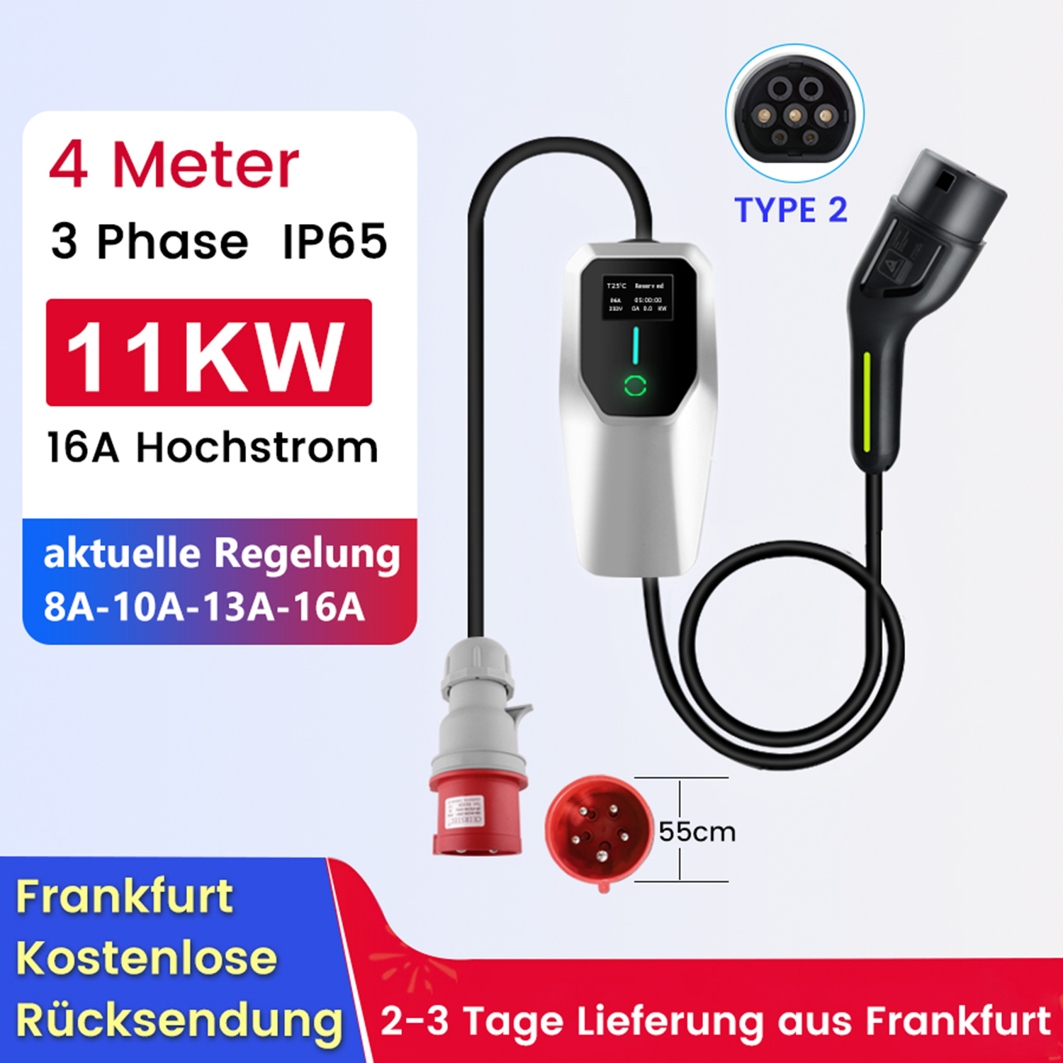 Ein EV-Ladegerät mit Ladekabel, roten und schwarzen Steckern und Textinformationen.