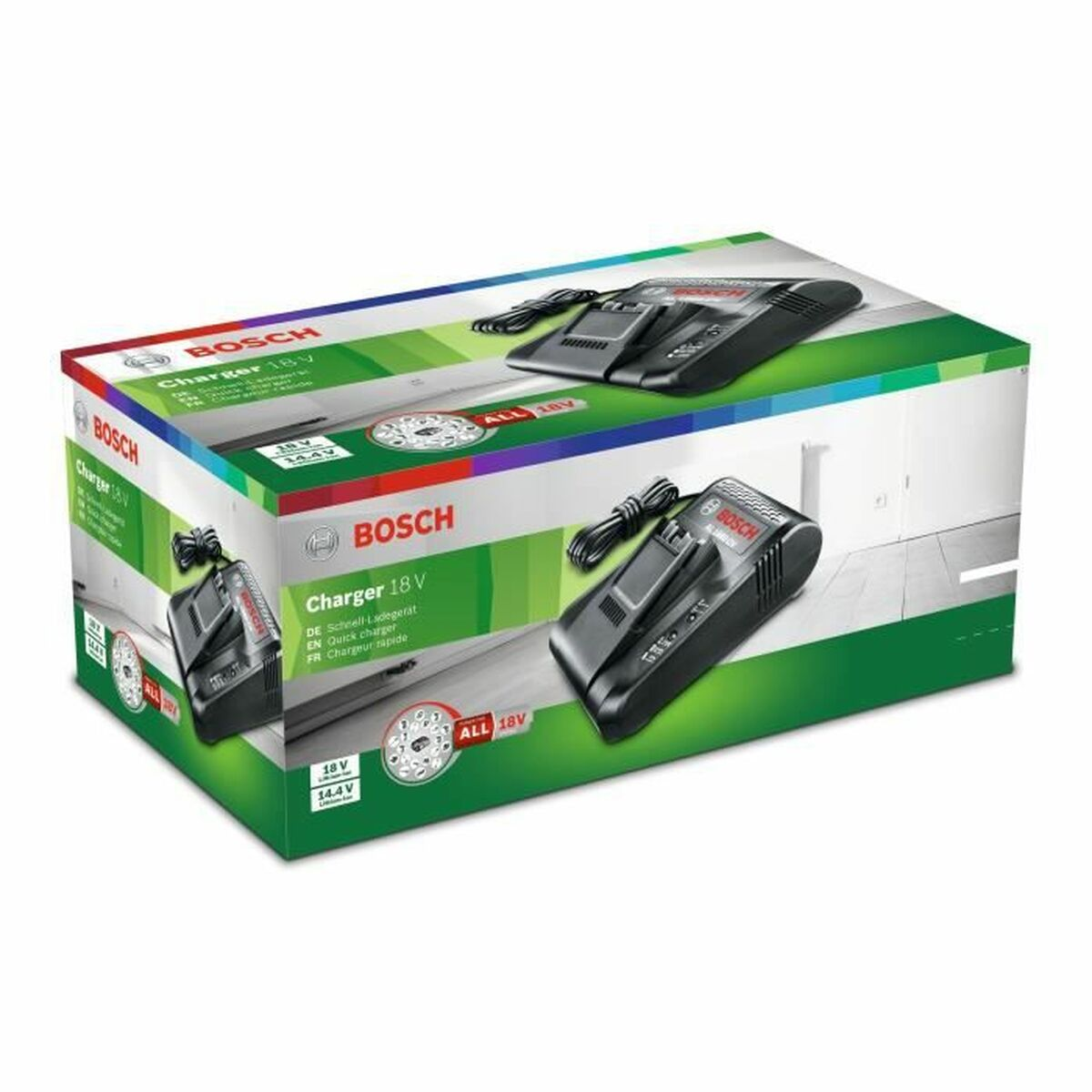 Una scatola del caricabatterie Bosch con immagini di caricabatterie, con una combinazione di colori verde e bianco.