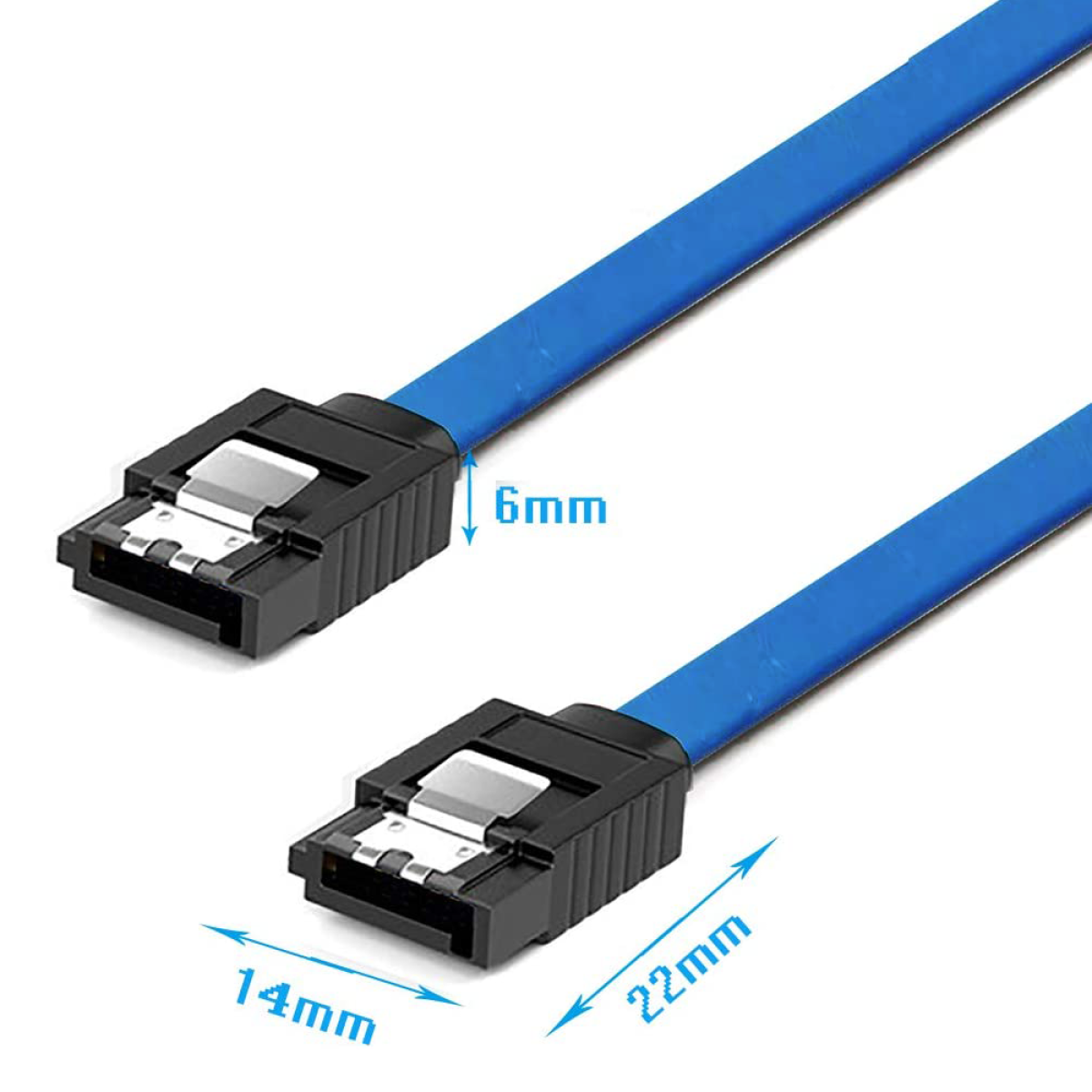Blaues SATA-Kabel mit schwarzen Steckern. Zeigt Abmessungen: 6 mm, 14 mm und 22 mm.
