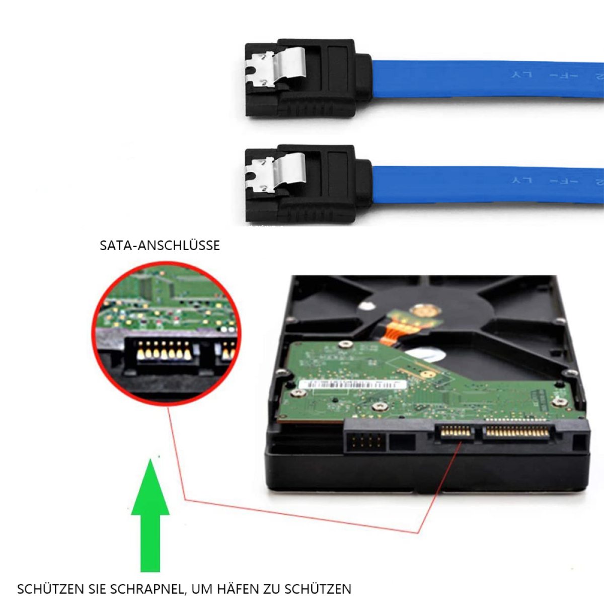SATA-Kabel, die an eine Festplatte und deren Anschluss angeschlossen sind.